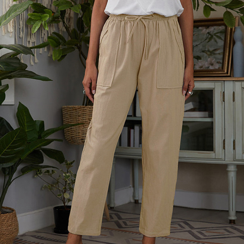 Cotton Linen Pants For Women Loose Casual Straight Drawstring Women's Pant 2021 Summer Fashion Homewear Big Pocket Trousers
