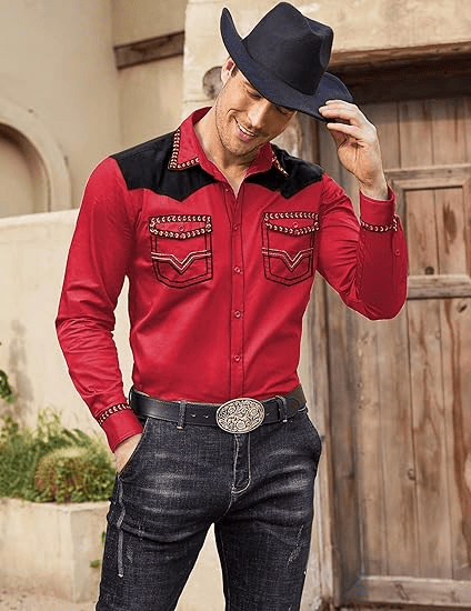 Men's Western Cowboy Shirt Long Sleeve Slim Fit Down Hippie Shirts - Image 61