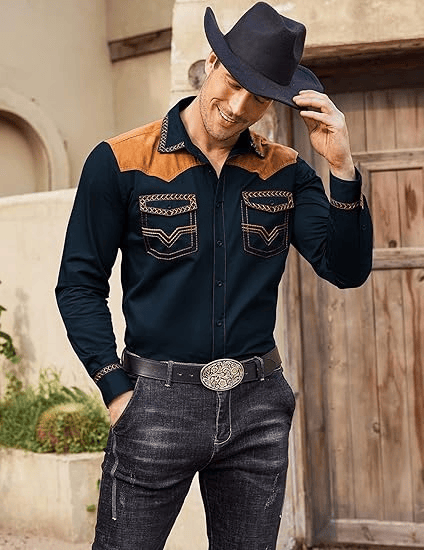 Men's Western Cowboy Shirt Long Sleeve Slim Fit Down Hippie Shirts - Image 27