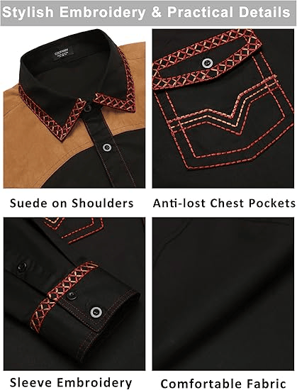 Men's Western Cowboy Shirt Long Sleeve Slim Fit Down Hippie Shirts - Image 44