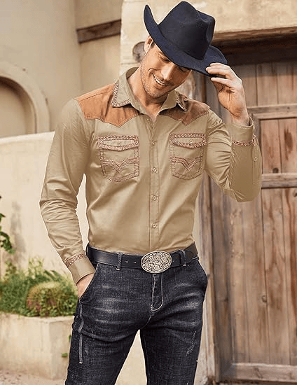 Men's Western Cowboy Shirt Long Sleeve Slim Fit Down Hippie Shirts - Image 100
