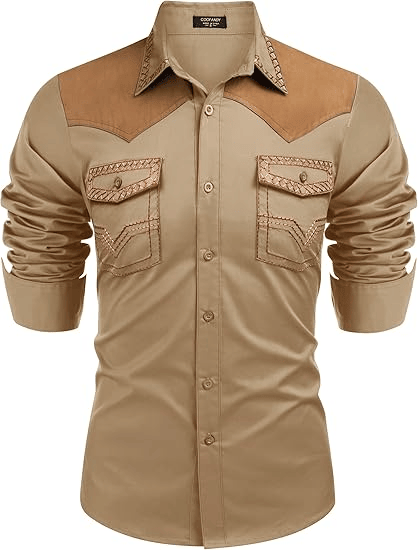 Men's Western Cowboy Shirt Long Sleeve Slim Fit Down Hippie Shirts - Image 98