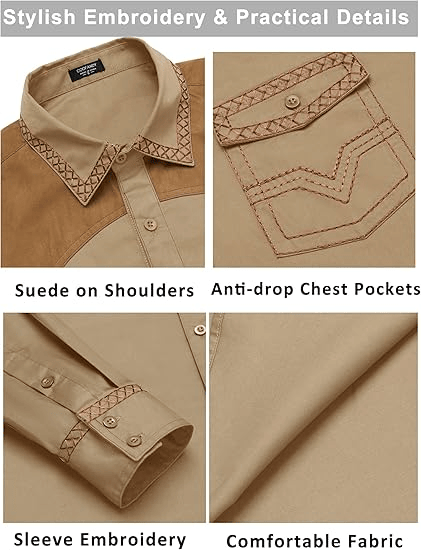 Men's Western Cowboy Shirt Long Sleeve Slim Fit Down Hippie Shirts - Image 16