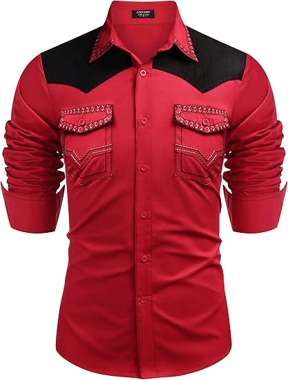 Men's Western Cowboy Shirt Long Sleeve Slim Fit Down Hippie Shirts - Image 46