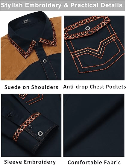 Men's Western Cowboy Shirt Long Sleeve Slim Fit Down Hippie Shirts - Image 54