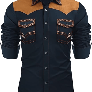 Men's Western Cowboy Shirt Long Sleeve Slim Fit Down Hippie Shirts