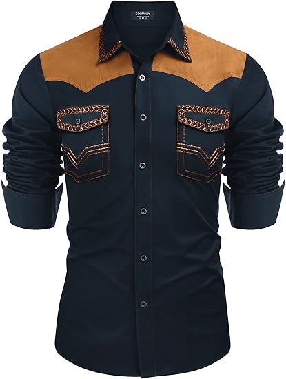 Men's Western Cowboy Shirt Long Sleeve Slim Fit Down Hippie Shirts