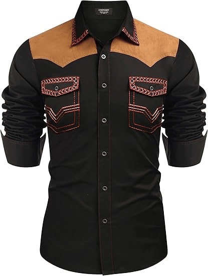 Men's Western Cowboy Shirt Long Sleeve Slim Fit Down Hippie Shirts - Image 7
