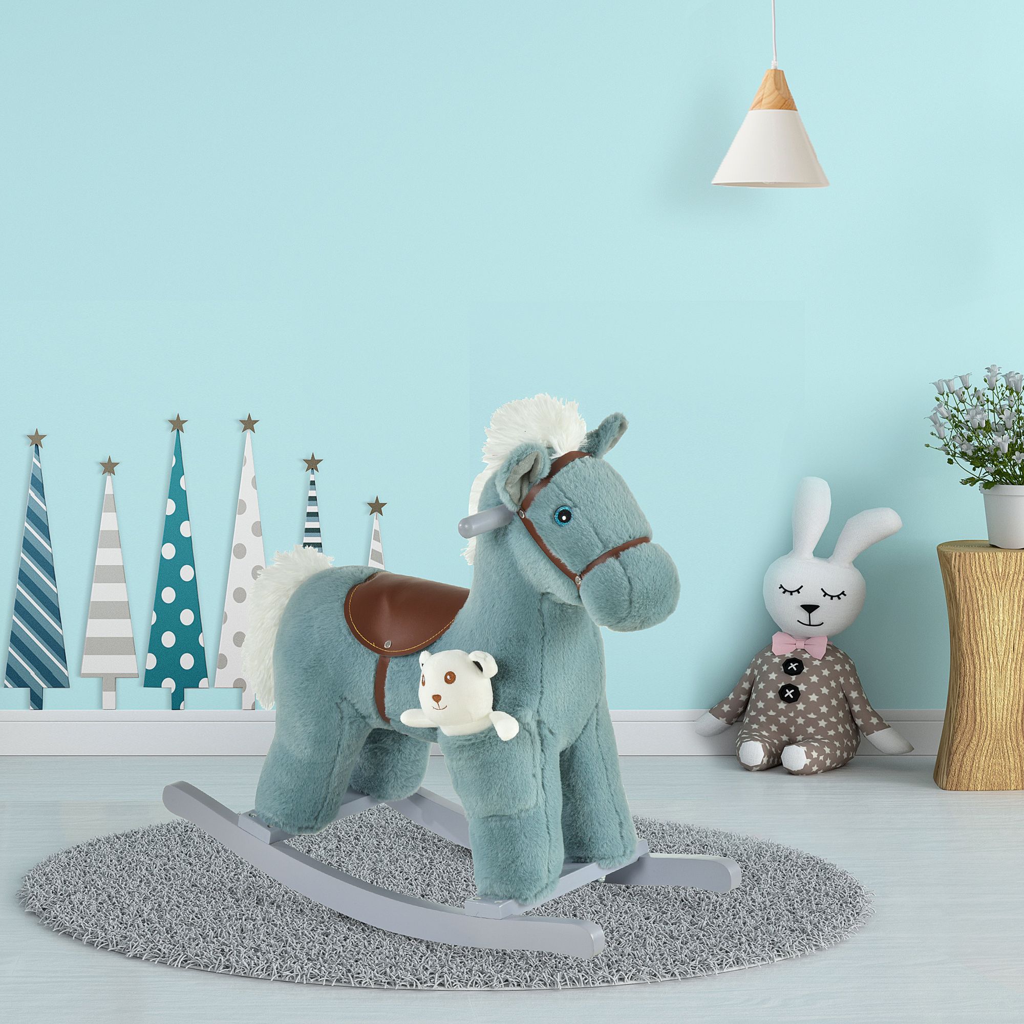 Blue Plush Rocking Horse with Bear Toy for Toddlers Realistic Sounds Soft & Cozy Rocker Ideal for Boys & Girls Playroom - Image 2