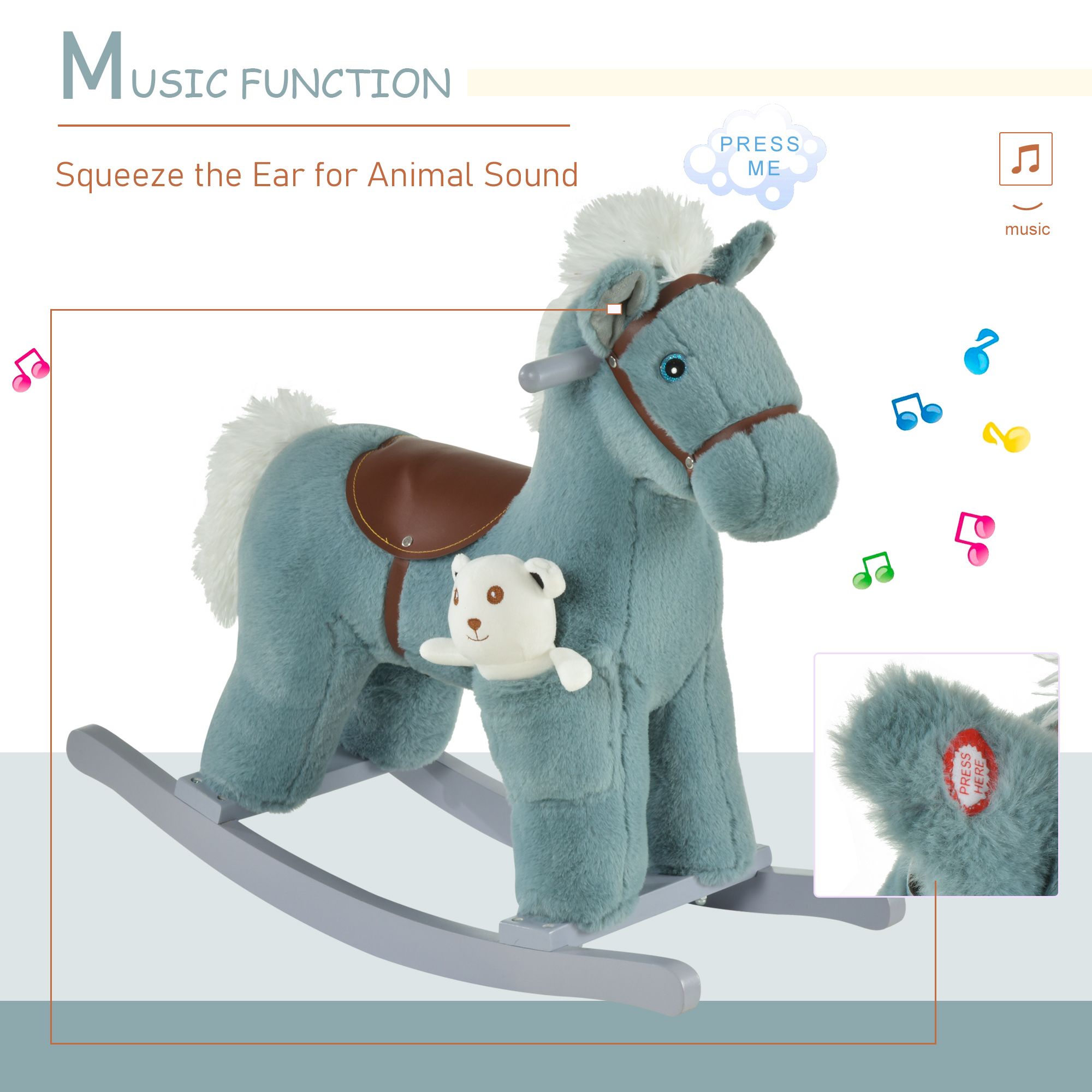 Blue Plush Rocking Horse with Bear Toy for Toddlers Realistic Sounds Soft & Cozy Rocker Ideal for Boys & Girls Playroom - Image 4