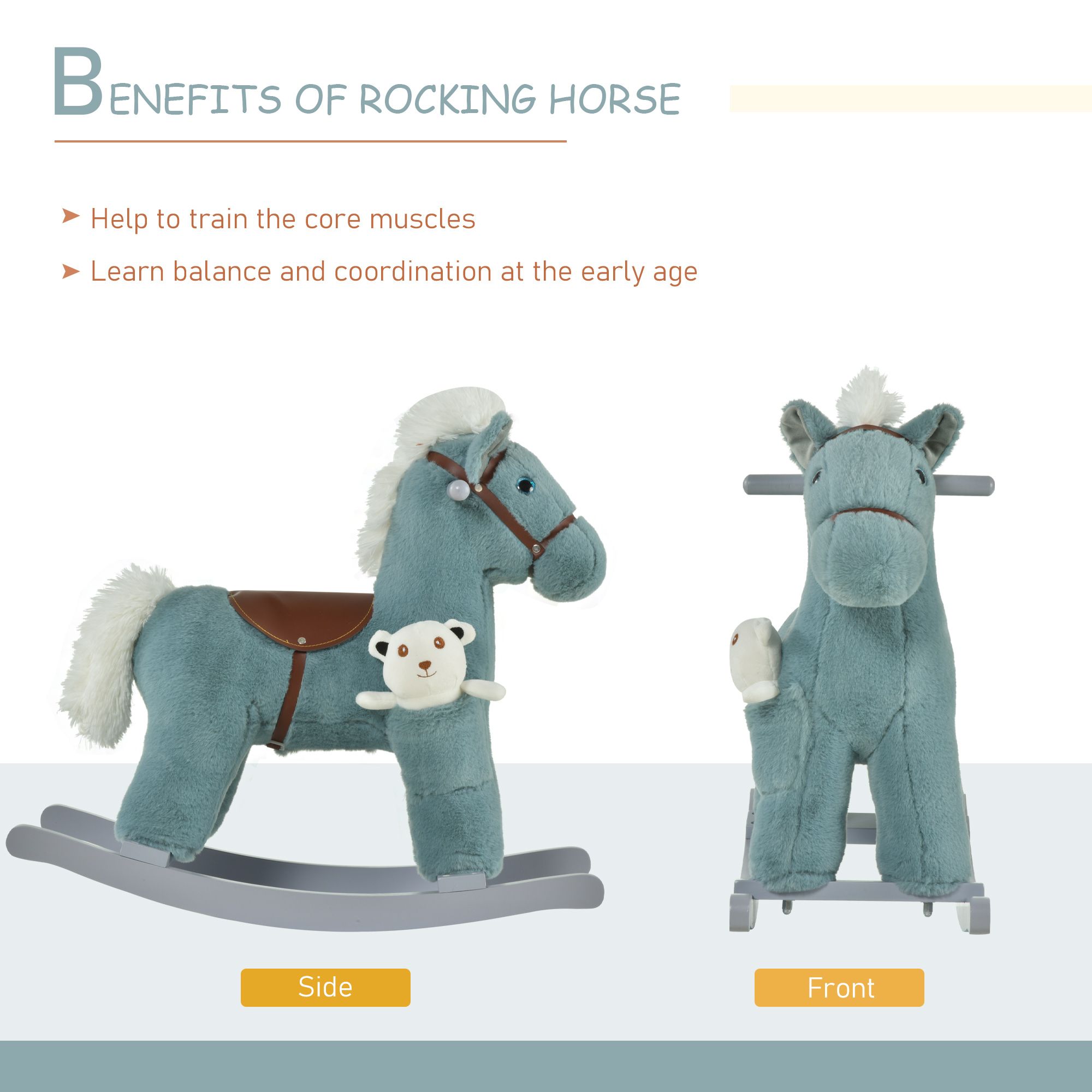 Blue Plush Rocking Horse with Bear Toy for Toddlers Realistic Sounds Soft & Cozy Rocker Ideal for Boys & Girls Playroom - Image 5
