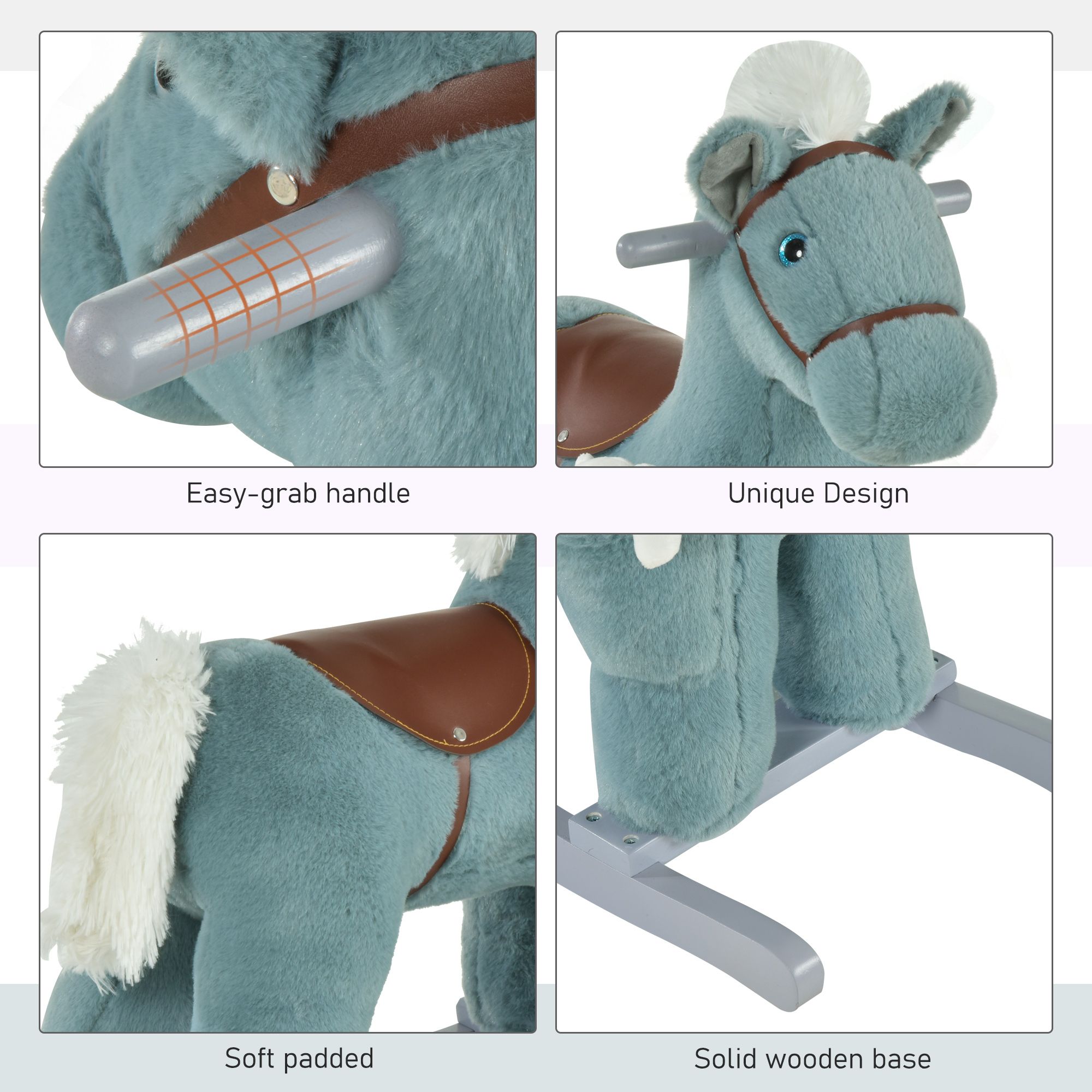 Blue Plush Rocking Horse with Bear Toy for Toddlers Realistic Sounds Soft & Cozy Rocker Ideal for Boys & Girls Playroom - Image 6