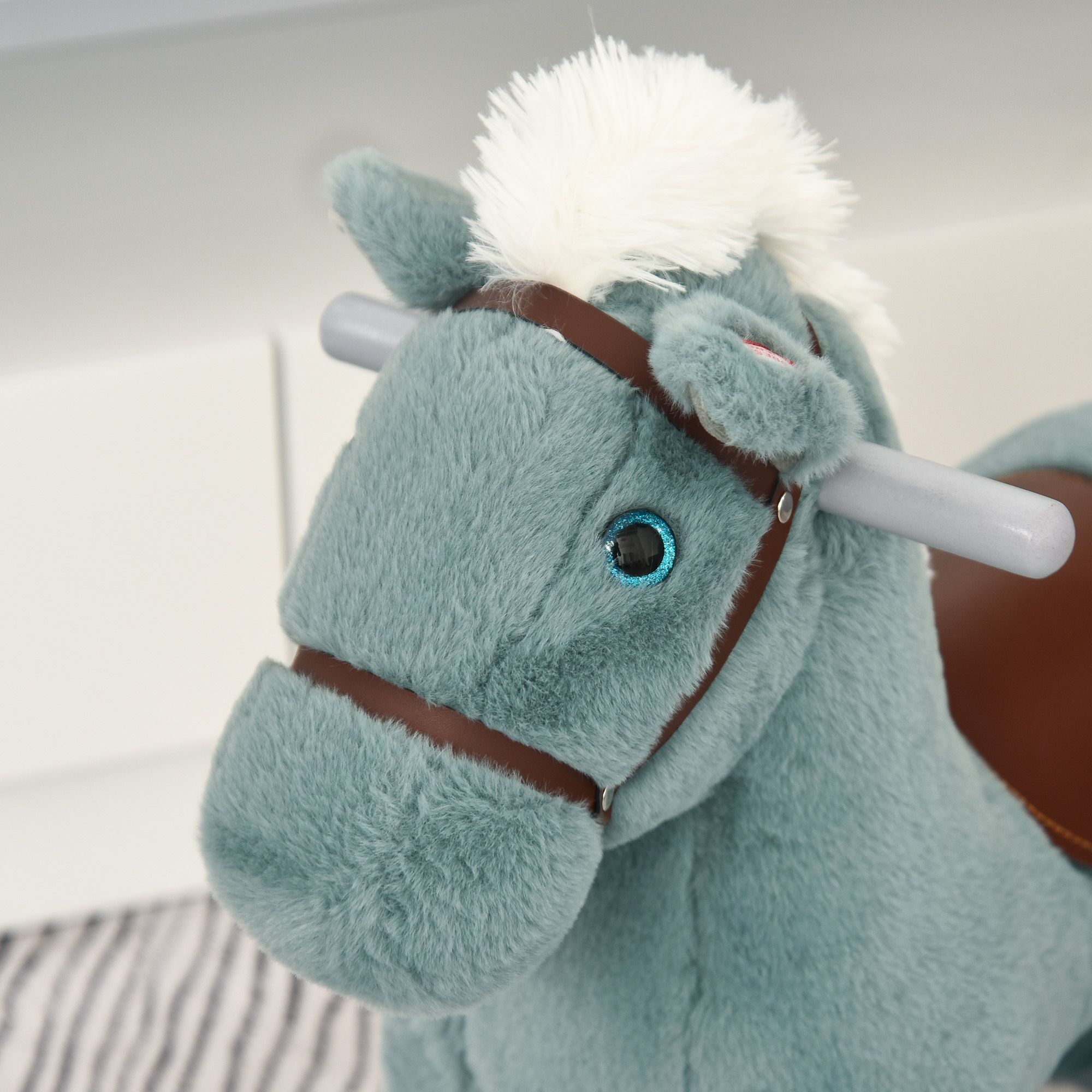 Blue Plush Rocking Horse with Bear Toy for Toddlers Realistic Sounds Soft & Cozy Rocker Ideal for Boys & Girls Playroom - Image 8