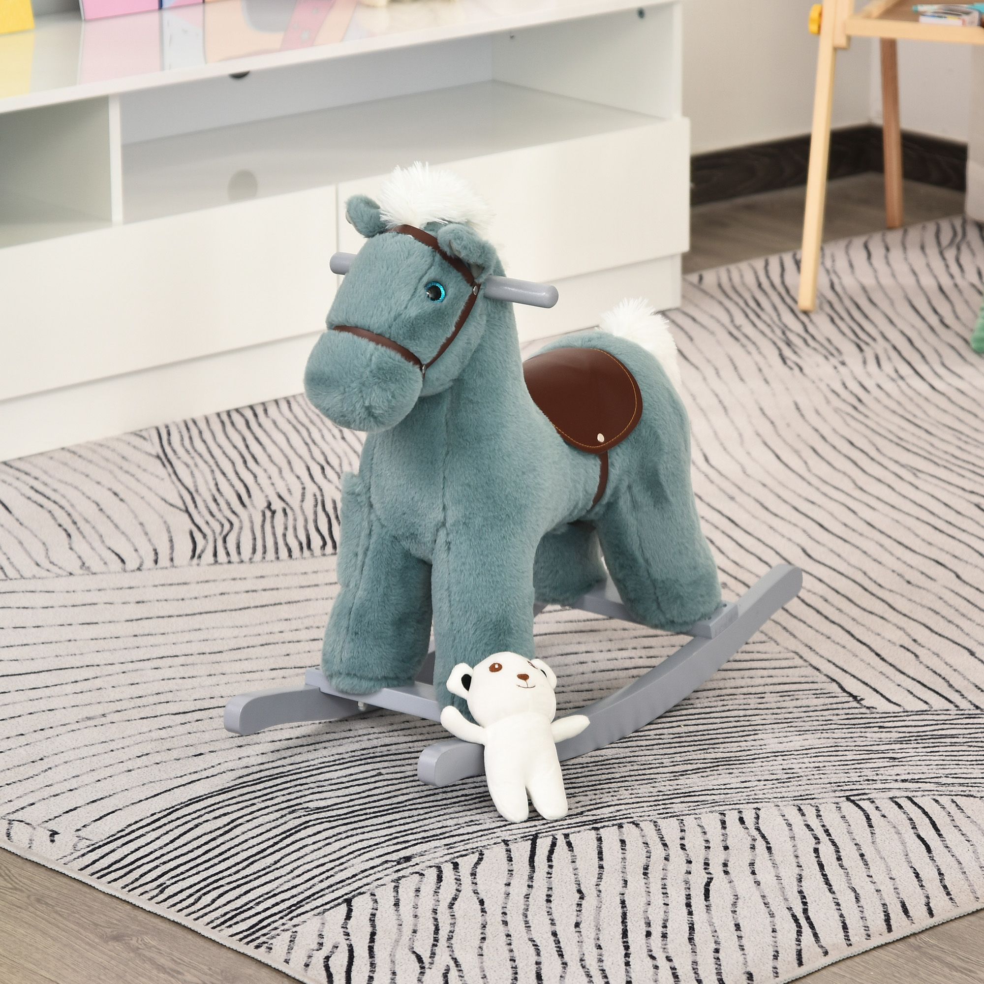 Blue Plush Rocking Horse with Bear Toy for Toddlers Realistic Sounds Soft & Cozy Rocker Ideal for Boys & Girls Playroom - Image 10