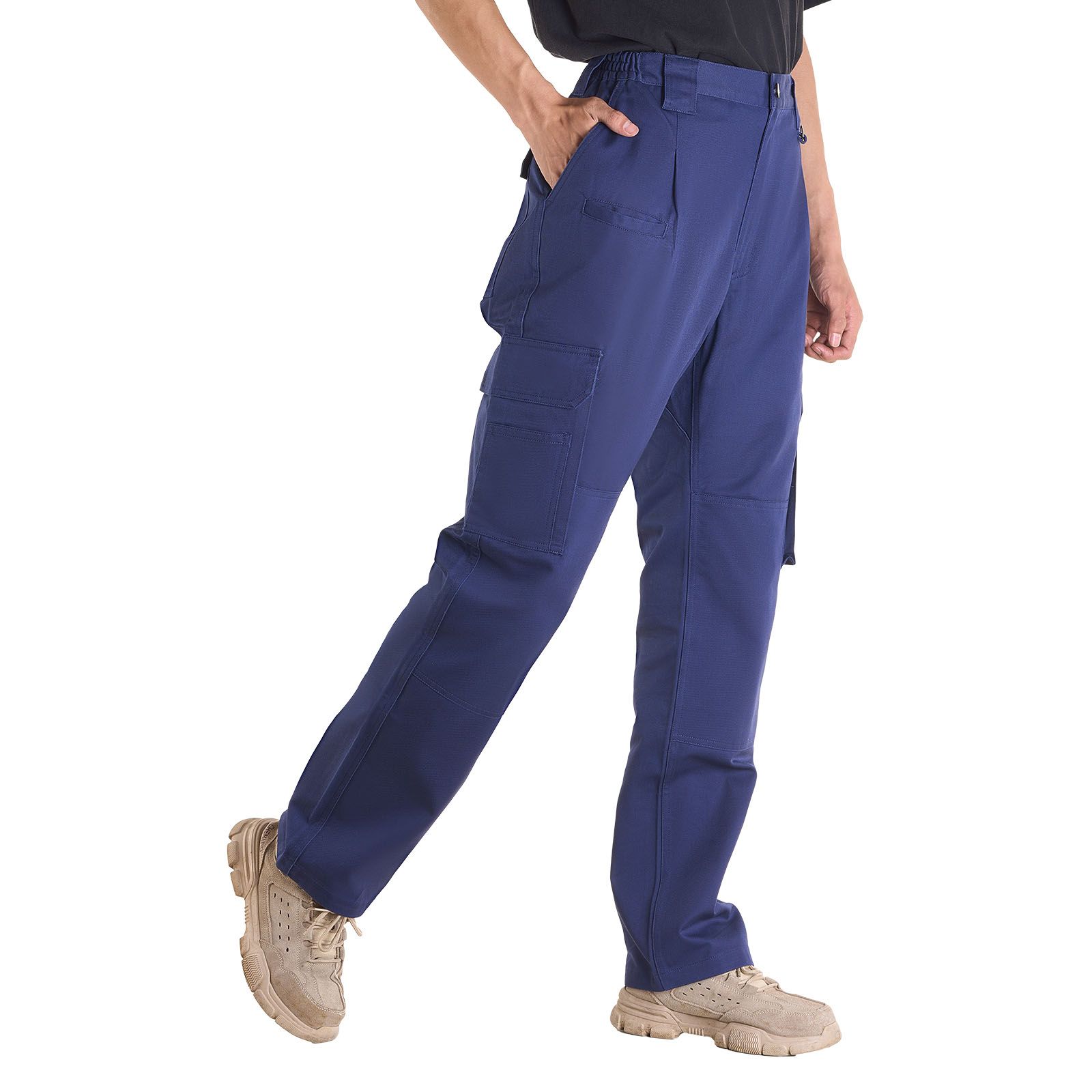 FR Pants for Men, 9 oz 100% Cotton, Flame-Resistant Cargo Pants with Multi-Pockets and Elastic Waist, Reinforced Tear-proof Stitching, Ideal for Welding Work and Casual Wear, XXL Size, Dark Blue