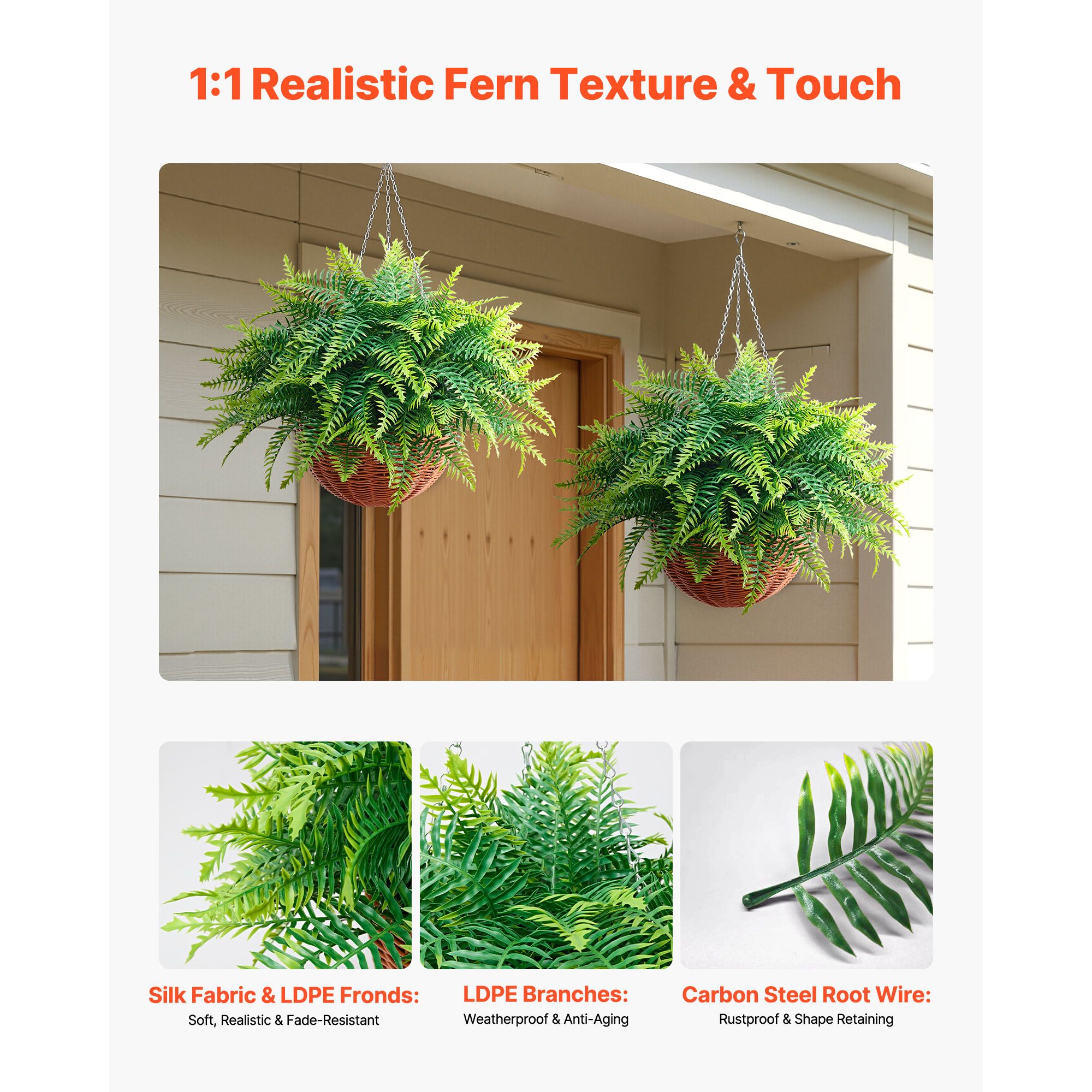 Artificial Ferns, 2 Pcs Fake Hanging Boston Fern Bush Plant with 23 Inch Hanging Length, Plastic Faux Greenery for Indoor and Outdoor Decor, For Wall, Wedding Party, Home, Porch Garden, Office - Image 3