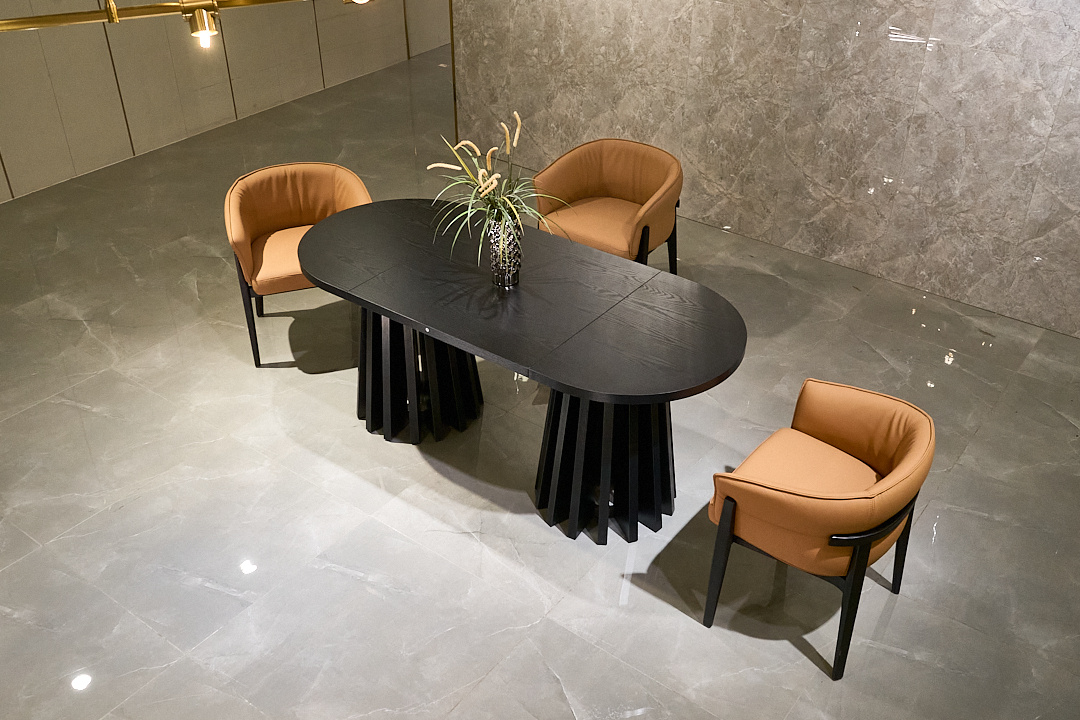 Modern Black Oval Dining Table, Wood Grain Tabletop, Dual Sculptural Bundle Pedestal Base, Luxury Dining Table - Image 2