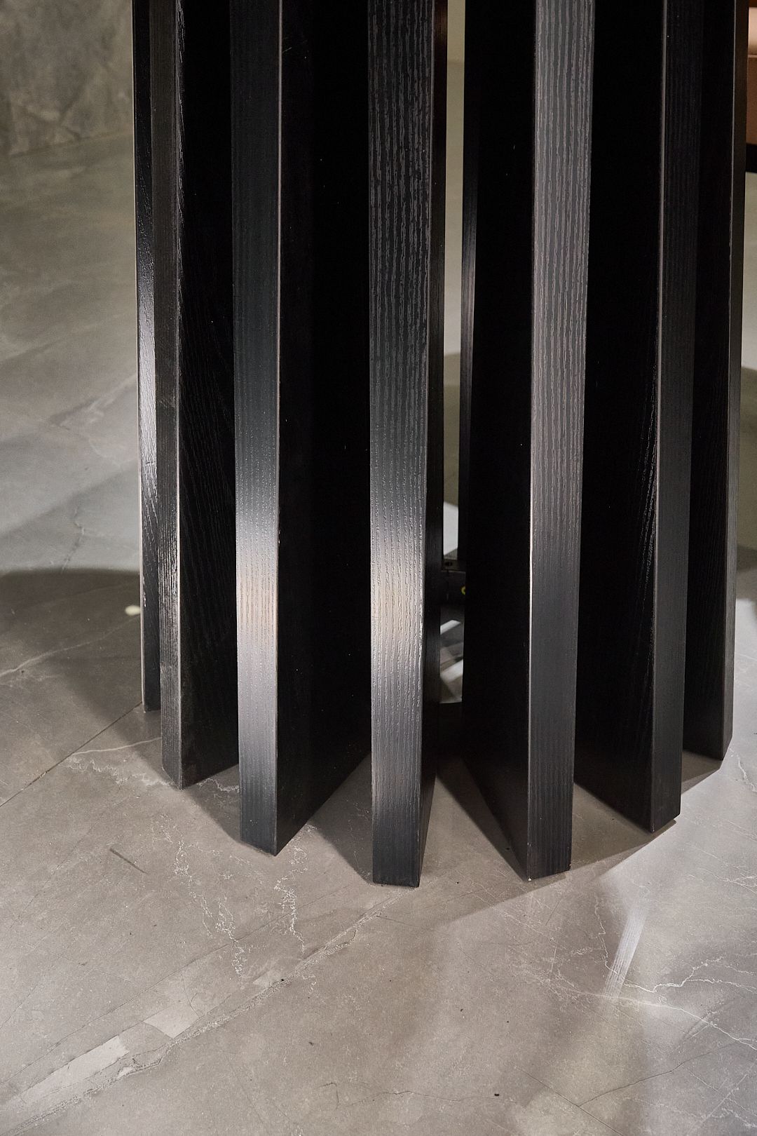 Modern Black Oval Dining Table, Wood Grain Tabletop, Dual Sculptural Bundle Pedestal Base, Luxury Dining Table - Image 11