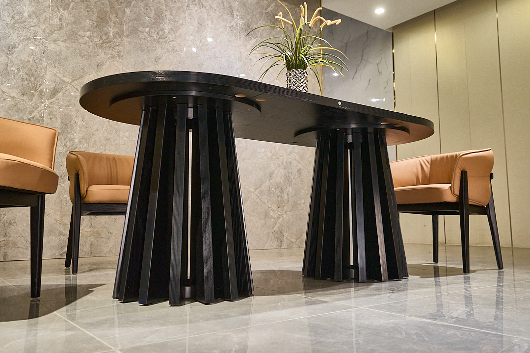 Modern Black Oval Dining Table, Wood Grain Tabletop, Dual Sculptural Bundle Pedestal Base, Luxury Dining Table - Image 12
