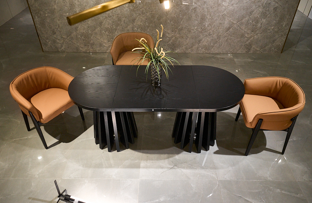 Modern Black Oval Dining Table, Wood Grain Tabletop, Dual Sculptural Bundle Pedestal Base, Luxury Dining Table - Image 3