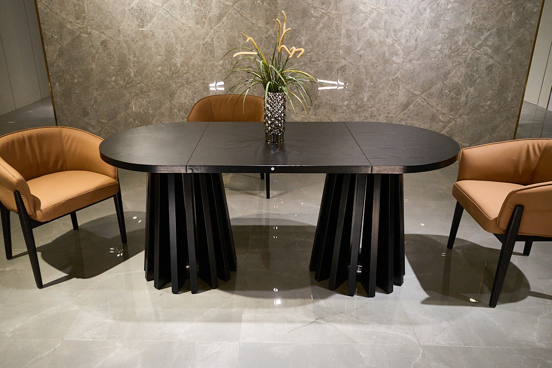 Modern Black Oval Dining Table, Wood Grain Tabletop, Dual Sculptural Bundle Pedestal Base, Luxury Dining Table - Image 4