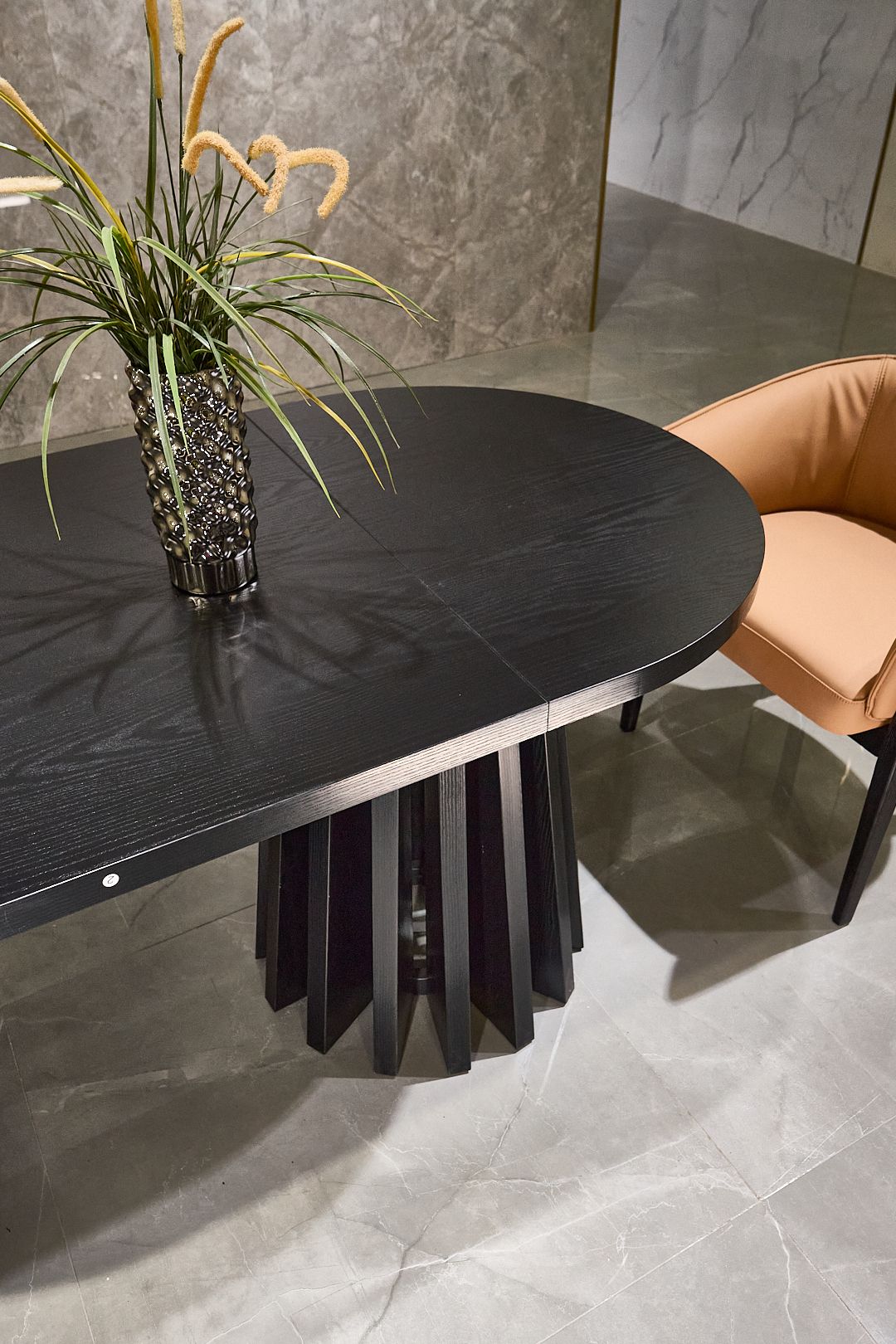 Modern Black Oval Dining Table, Wood Grain Tabletop, Dual Sculptural Bundle Pedestal Base, Luxury Dining Table - Image 5