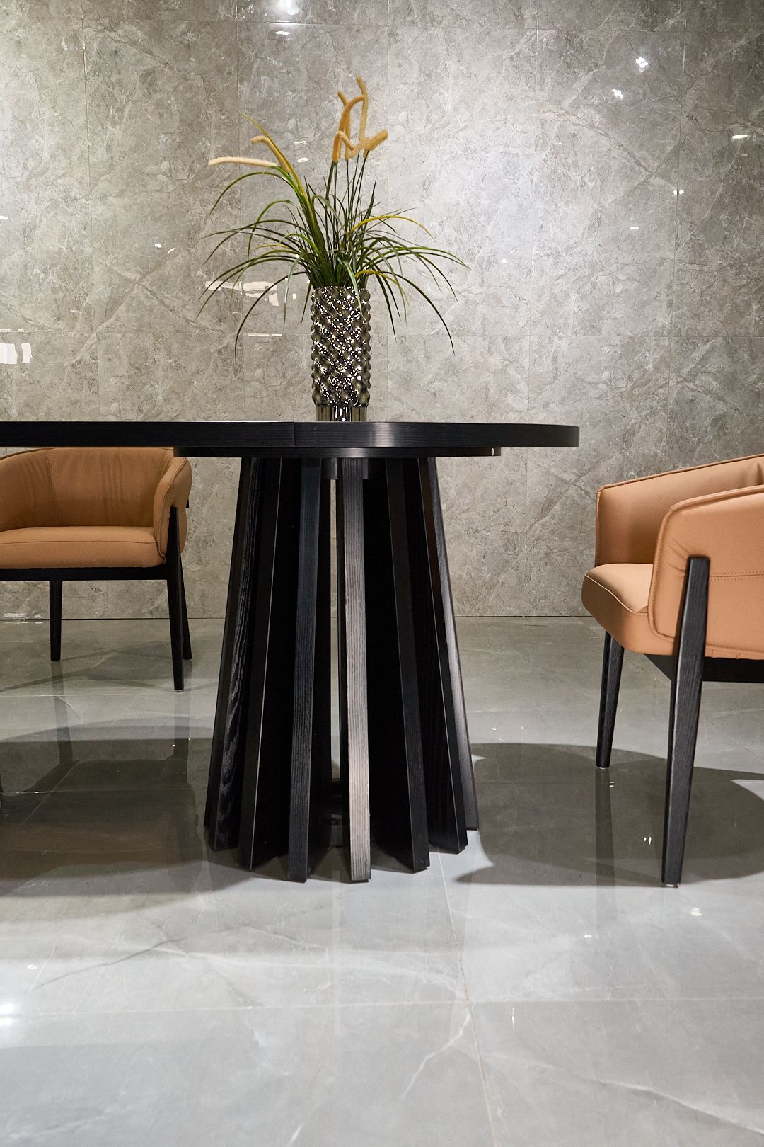 Modern Black Oval Dining Table, Wood Grain Tabletop, Dual Sculptural Bundle Pedestal Base, Luxury Dining Table - Image 7