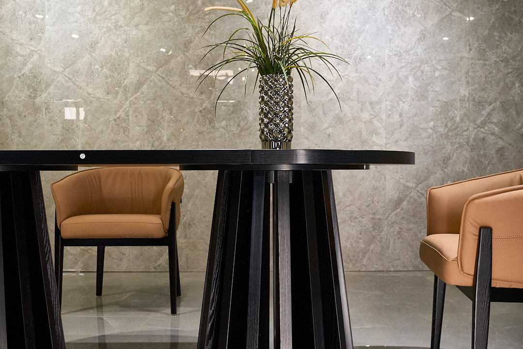 Modern Black Oval Dining Table, Wood Grain Tabletop, Dual Sculptural Bundle Pedestal Base, Luxury Dining Table - Image 8