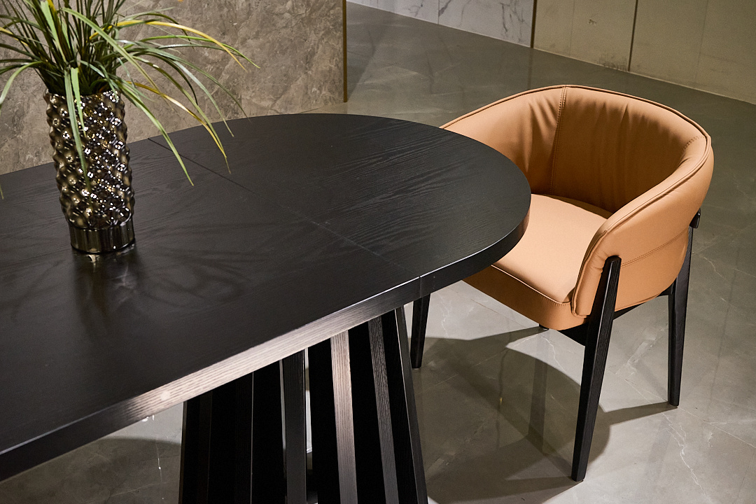 Modern Black Oval Dining Table, Wood Grain Tabletop, Dual Sculptural Bundle Pedestal Base, Luxury Dining Table - Image 9