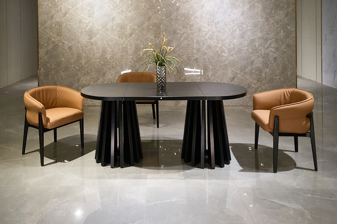 Modern Black Oval Dining Table, Wood Grain Tabletop, Dual Sculptural Bundle Pedestal Base, Luxury Dining Table