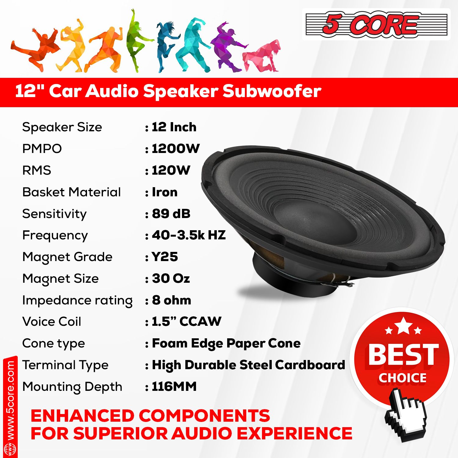 5Core 12 Inch DJ Subwoofer Speaker 1200W Peak 8Ohm Audio Replacement Sub woofer - Image 5