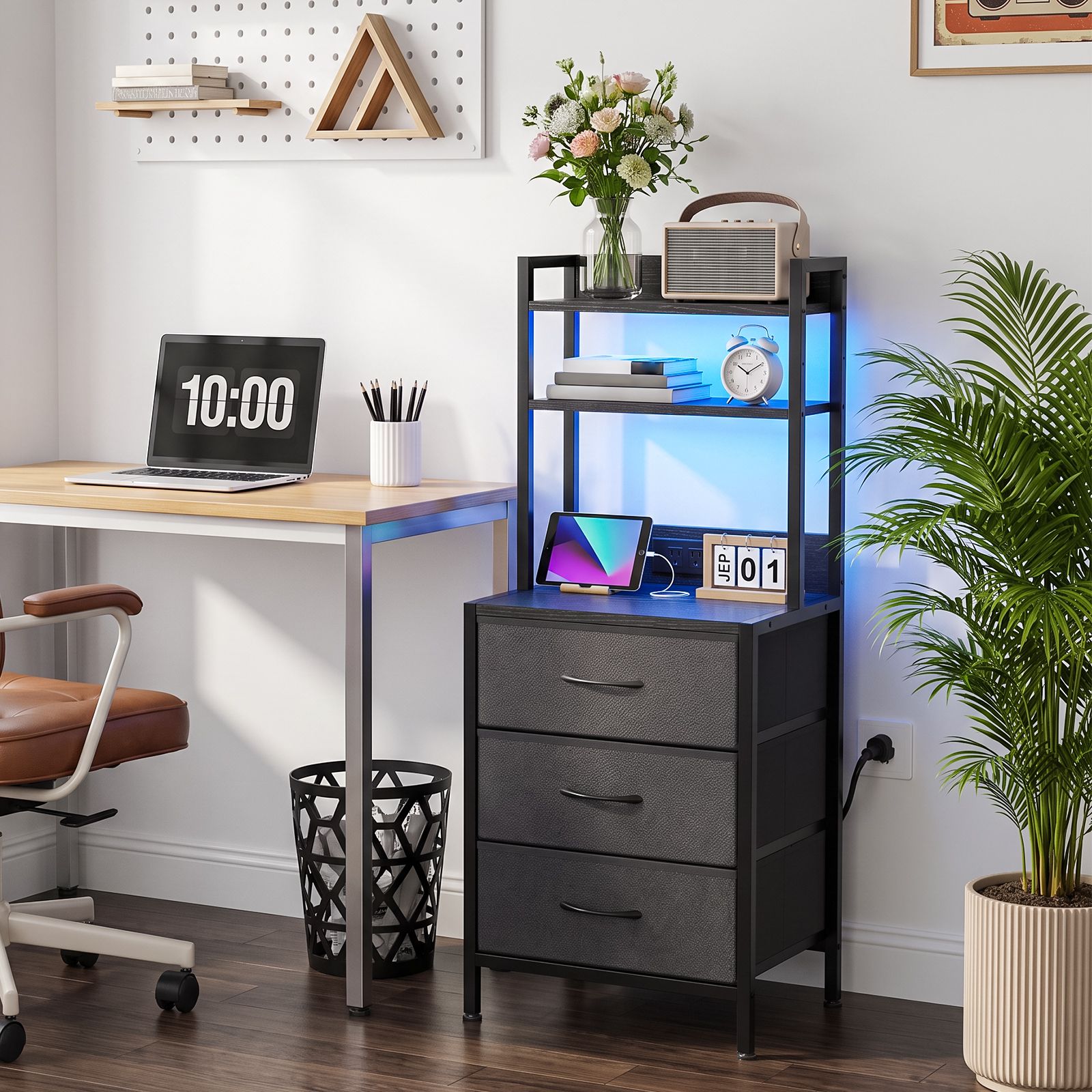 3-Drawer Nightstand with Charging Station and LED Light, Fabric Storage Dresser with 2-Tier Open Shelf, Wood Grain Bedside Table with Power Outlet and USB Ports, Black - Image 4