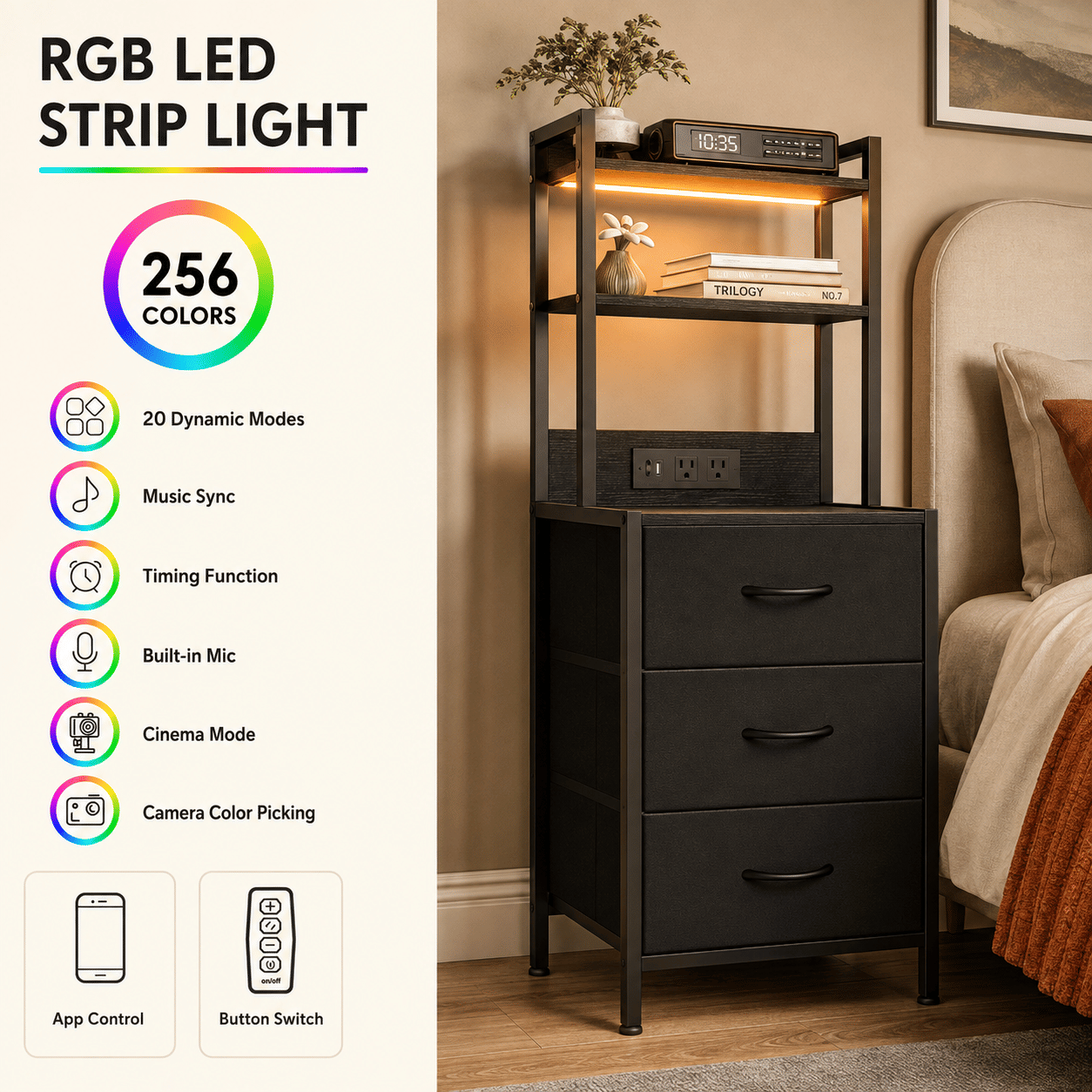 3-Drawer Nightstand with Charging Station and LED Light, Fabric Storage Dresser with 2-Tier Open Shelf, Wood Grain Bedside Table with Power Outlet and USB Ports, Black - Image 3
