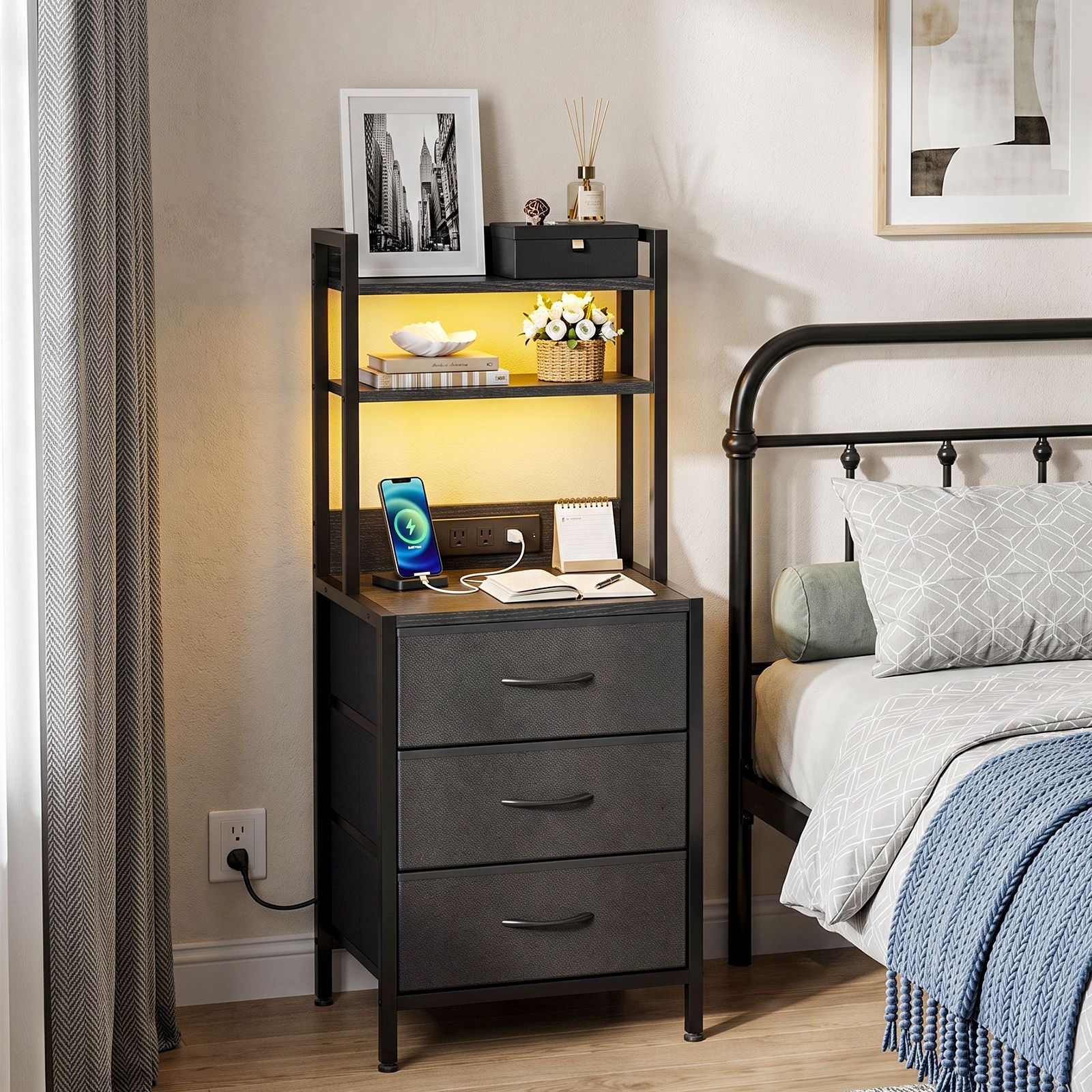 3-Drawer Nightstand with Charging Station and LED Light, Fabric Storage Dresser with 2-Tier Open Shelf, Wood Grain Bedside Table with Power Outlet and USB Ports, Black - Image 5