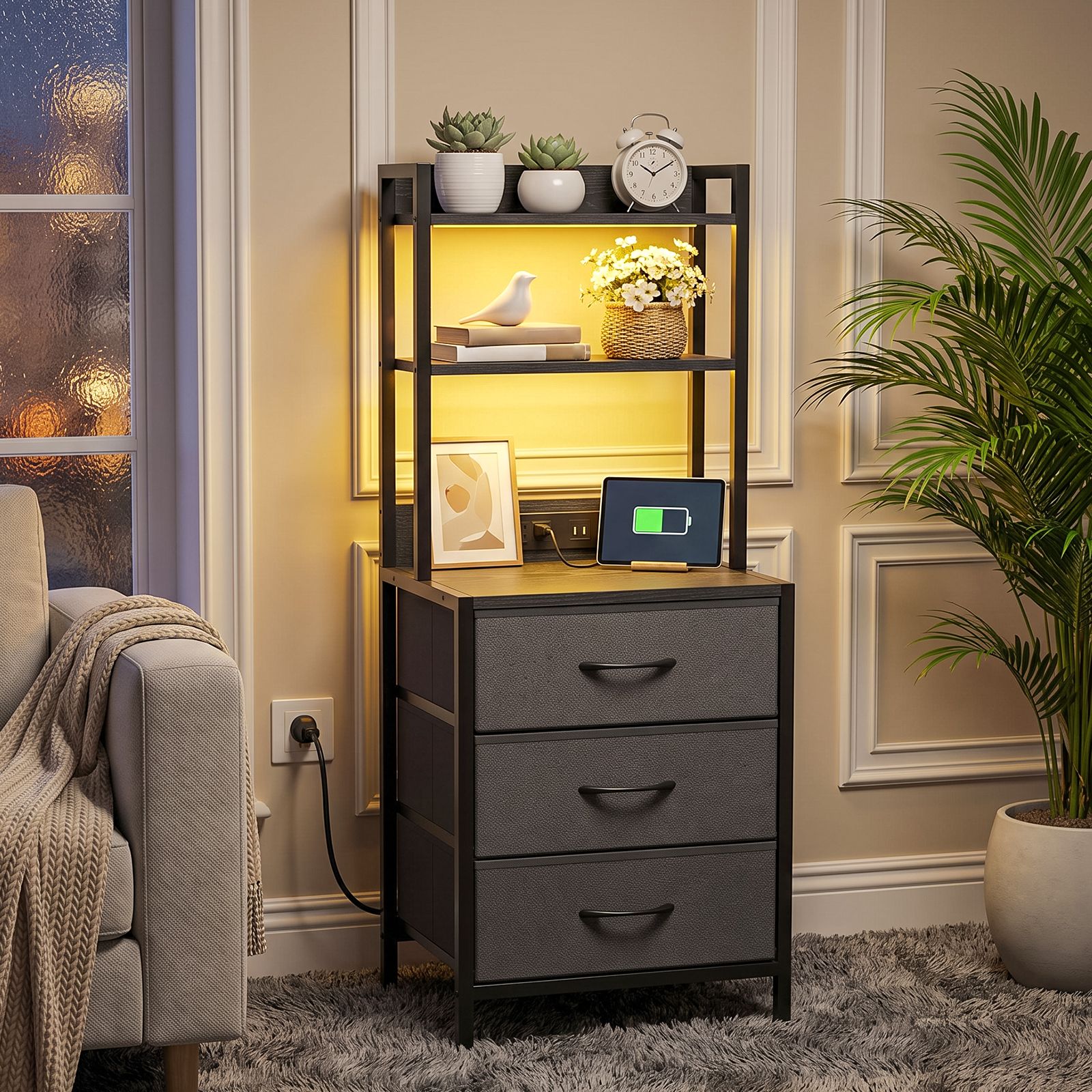 3-Drawer Nightstand with Charging Station and LED Light, Fabric Storage Dresser with 2-Tier Open Shelf, Wood Grain Bedside Table with Power Outlet and USB Ports, Black - Image 6