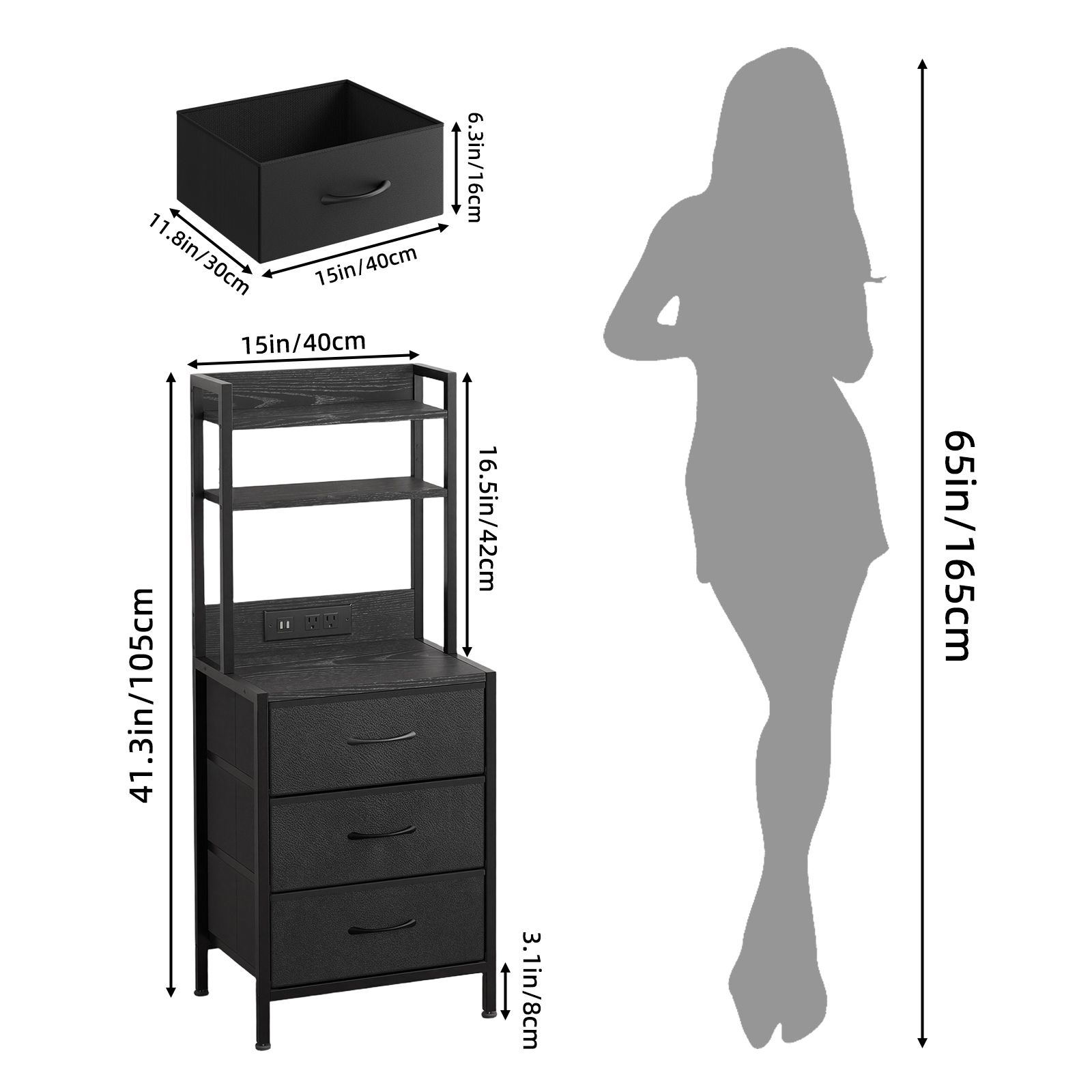 3-Drawer Nightstand with Charging Station and LED Light, Fabric Storage Dresser with 2-Tier Open Shelf, Wood Grain Bedside Table with Power Outlet and USB Ports, Black - Image 2