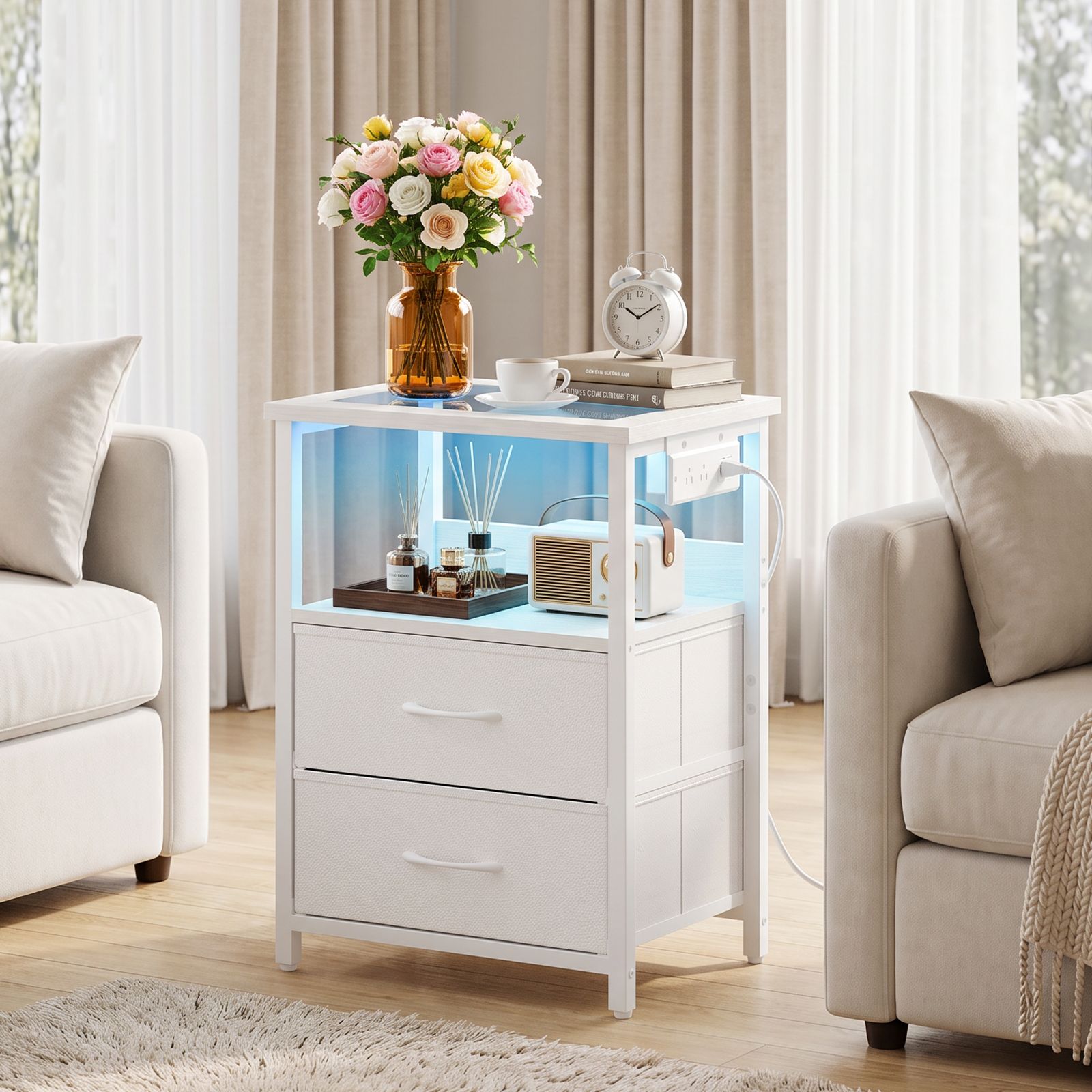 Nightstand with Charging Station, Glass Top End Table with RGB LED Light, 2 Drawer Fabric Bedside Table with Open Storage Shelf for Bedroom Living Room, White - Image 4