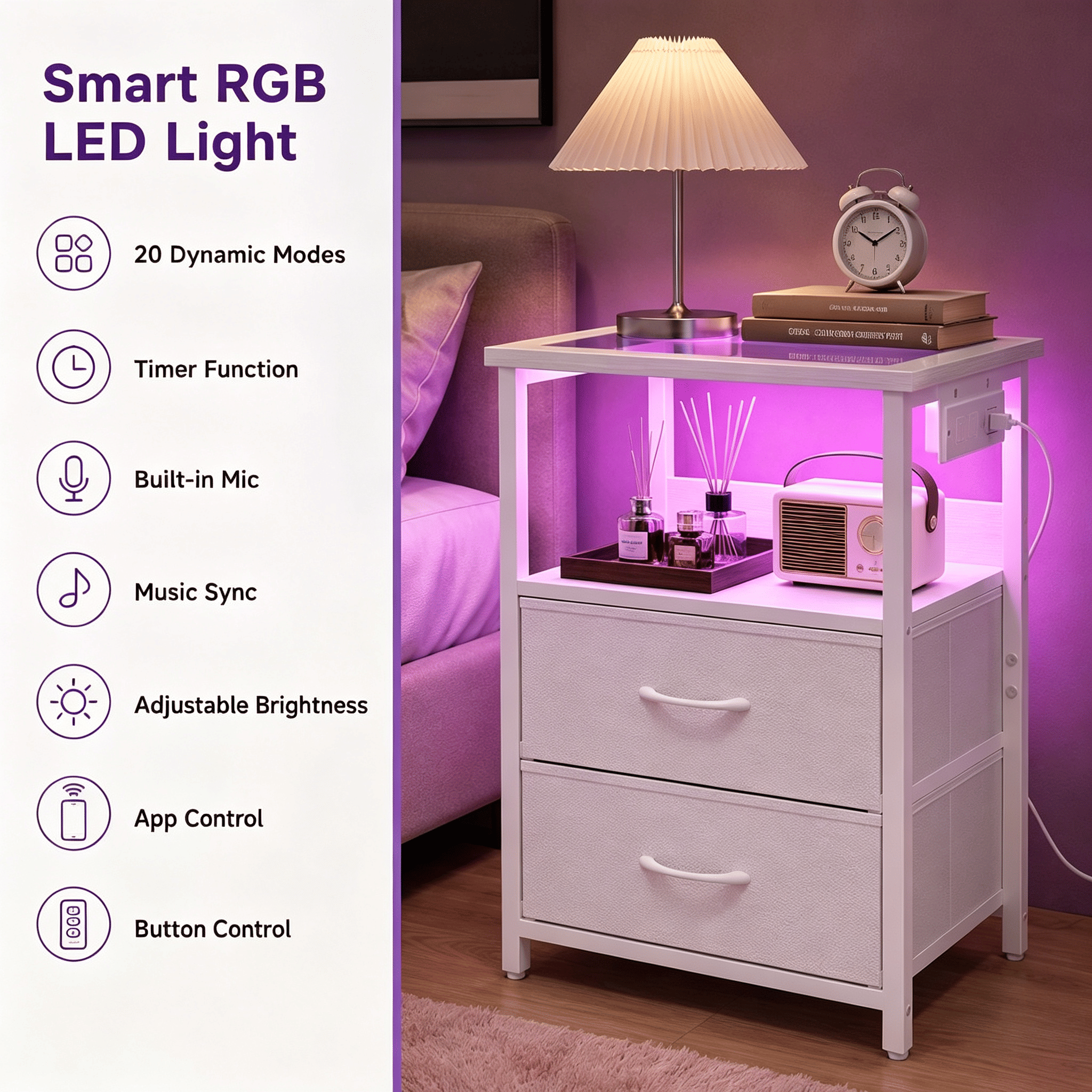 Nightstand with Charging Station, Glass Top End Table with RGB LED Light, 2 Drawer Fabric Bedside Table with Open Storage Shelf for Bedroom Living Room, White - Image 3