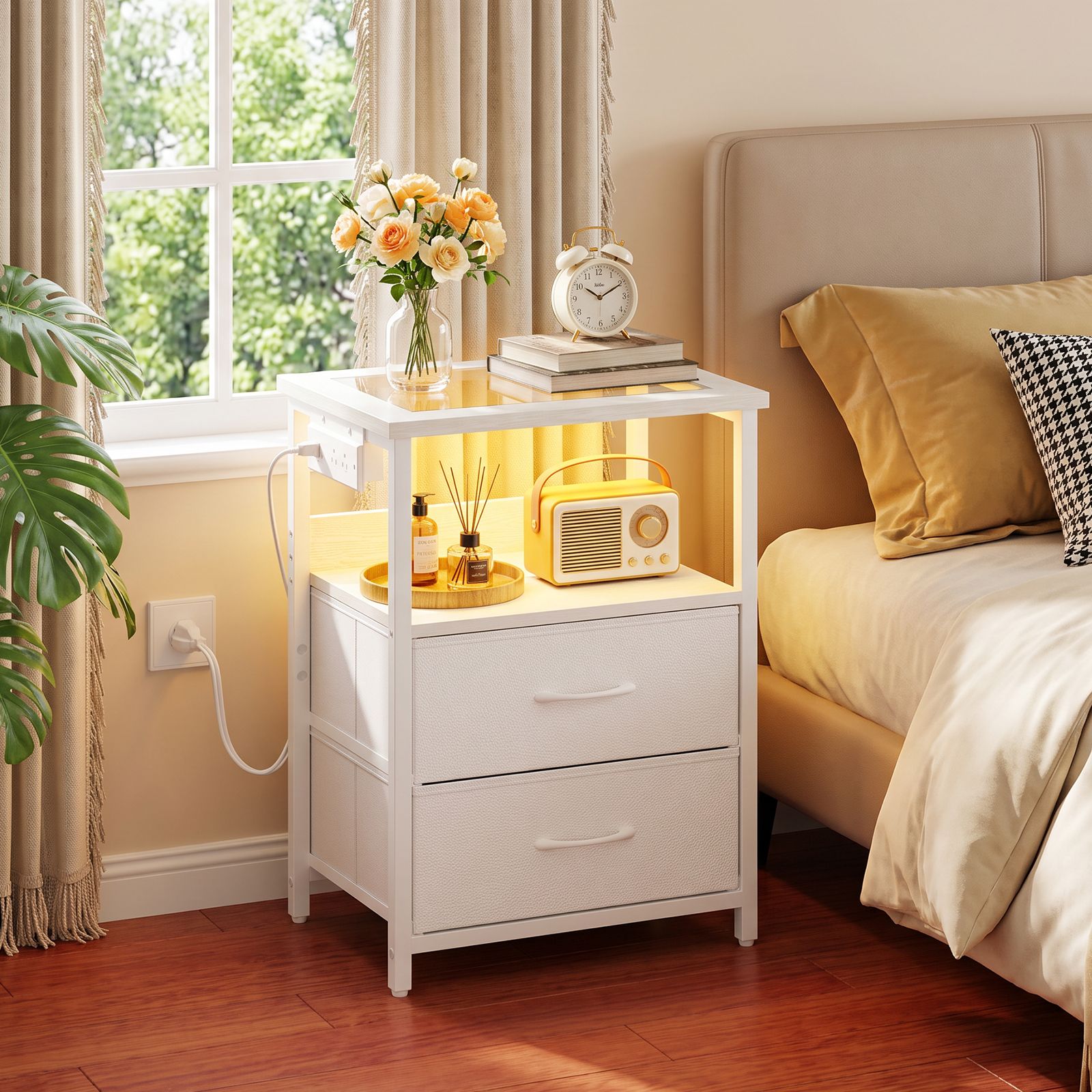 Nightstand with Charging Station, Glass Top End Table with RGB LED Light, 2 Drawer Fabric Bedside Table with Open Storage Shelf for Bedroom Living Room, White - Image 5