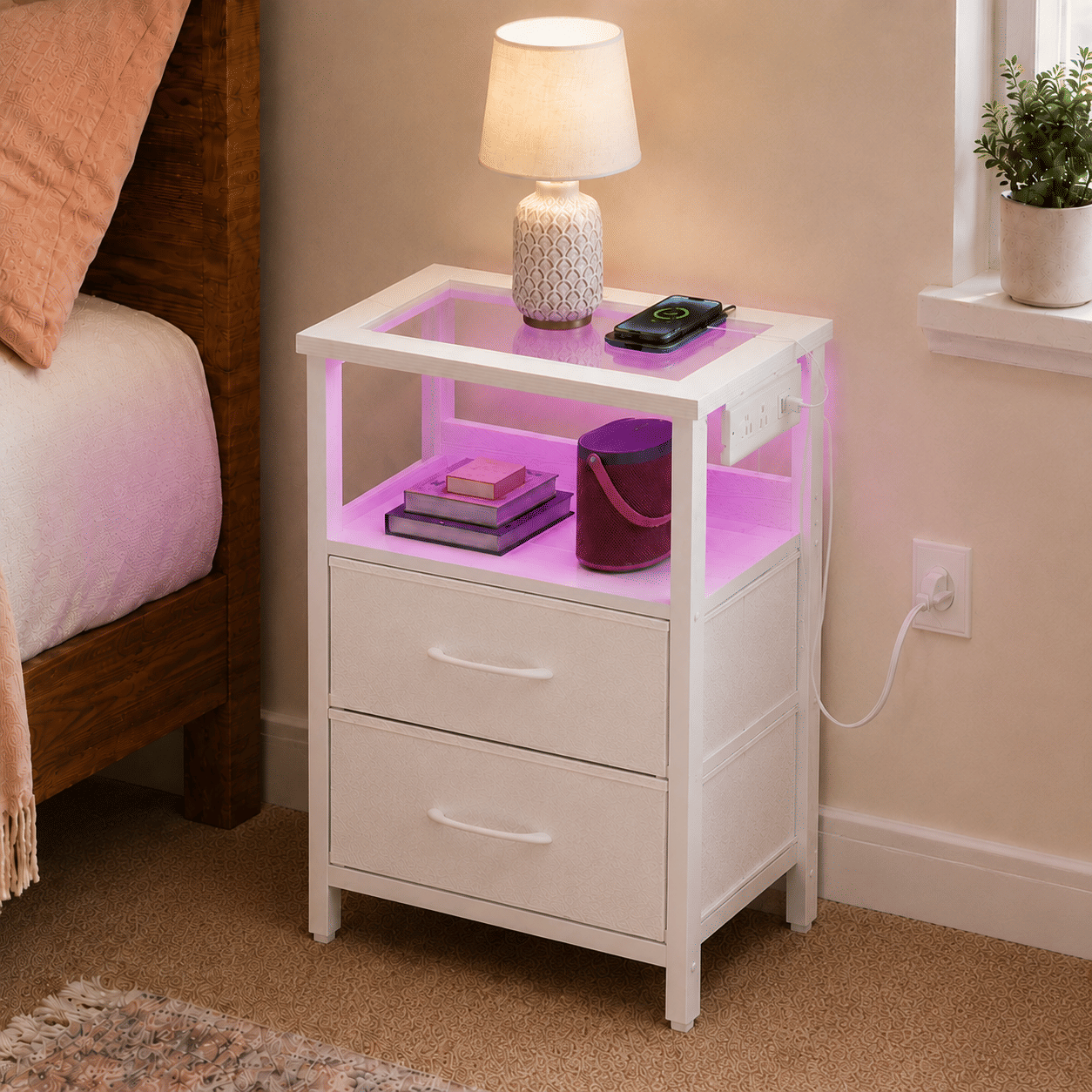 Nightstand with Charging Station, Glass Top End Table with RGB LED Light, 2 Drawer Fabric Bedside Table with Open Storage Shelf for Bedroom Living Room, White - Image 6