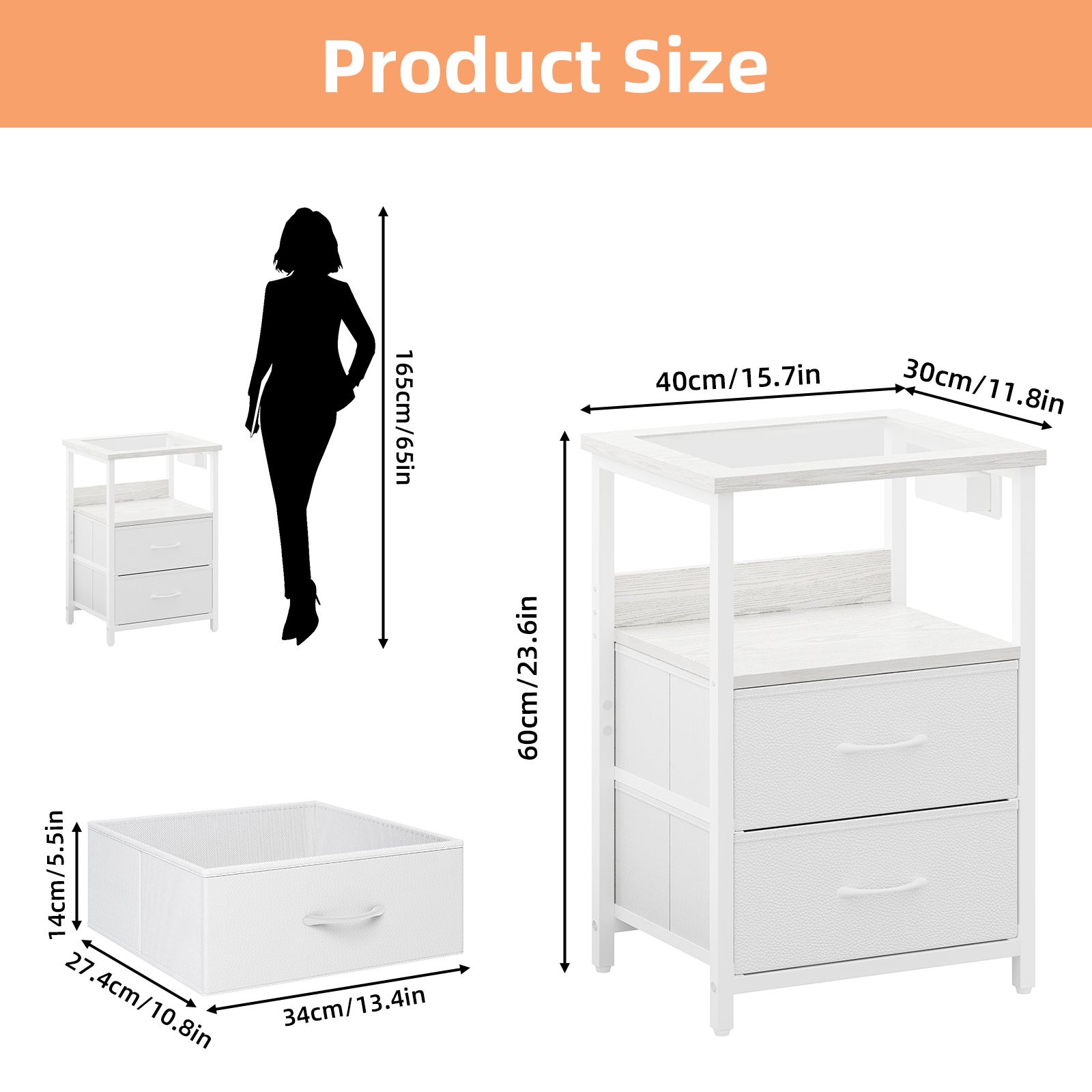 Nightstand with Charging Station, Glass Top End Table with RGB LED Light, 2 Drawer Fabric Bedside Table with Open Storage Shelf for Bedroom Living Room, White - Image 2