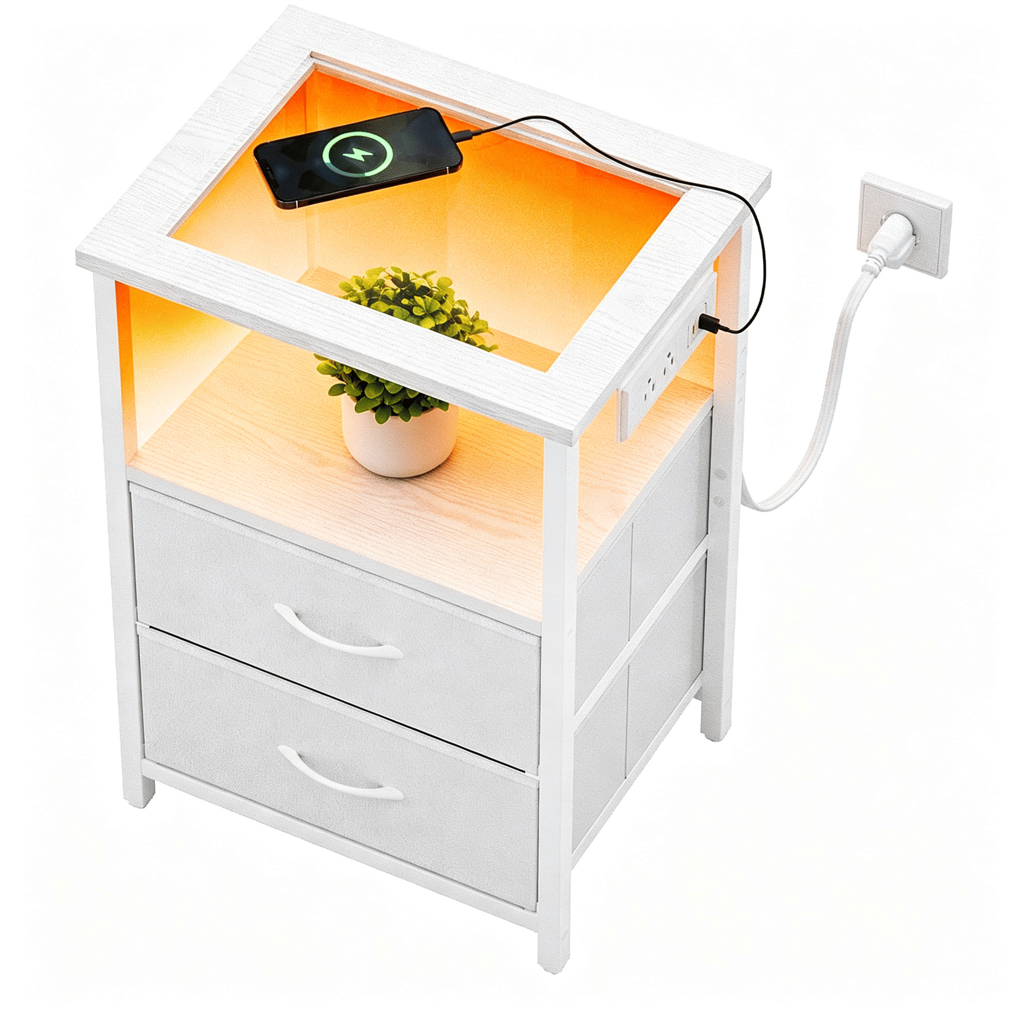Nightstand with Charging Station, Glass Top End Table with RGB LED Light, 2 Drawer Fabric Bedside Table with Open Storage Shelf for Bedroom Living Room, White