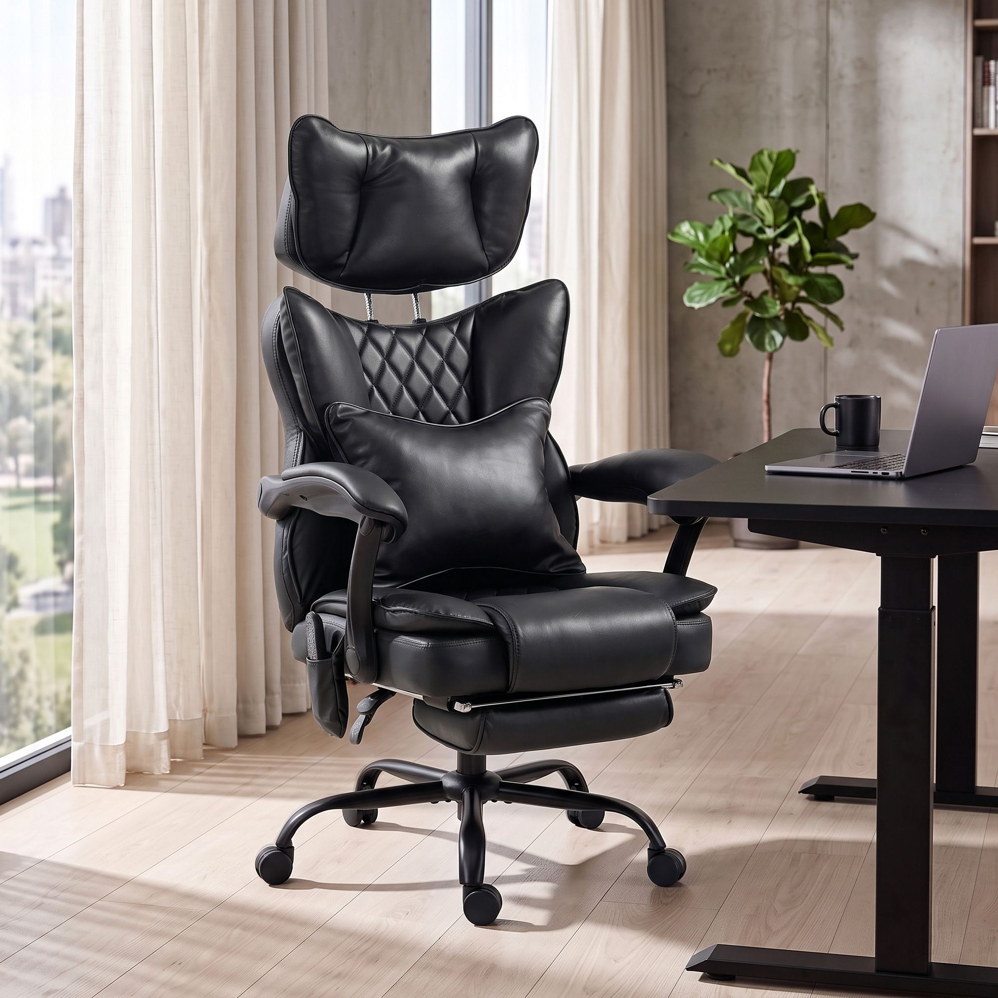 High Back Vibration Massage Office Chair, Heated Reclining PU Leather Computer Chair with Headrest, Black - Image 2