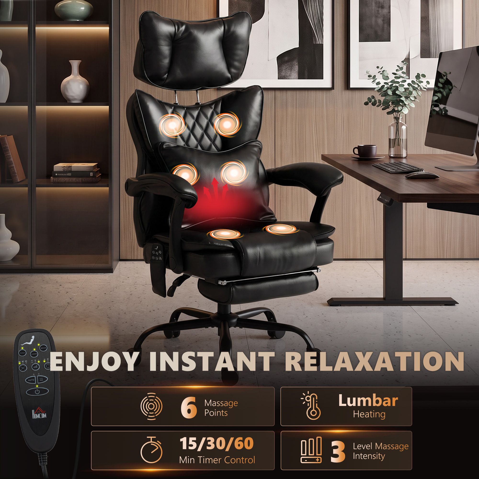High Back Vibration Massage Office Chair, Heated Reclining PU Leather Computer Chair with Headrest, Black - Image 4