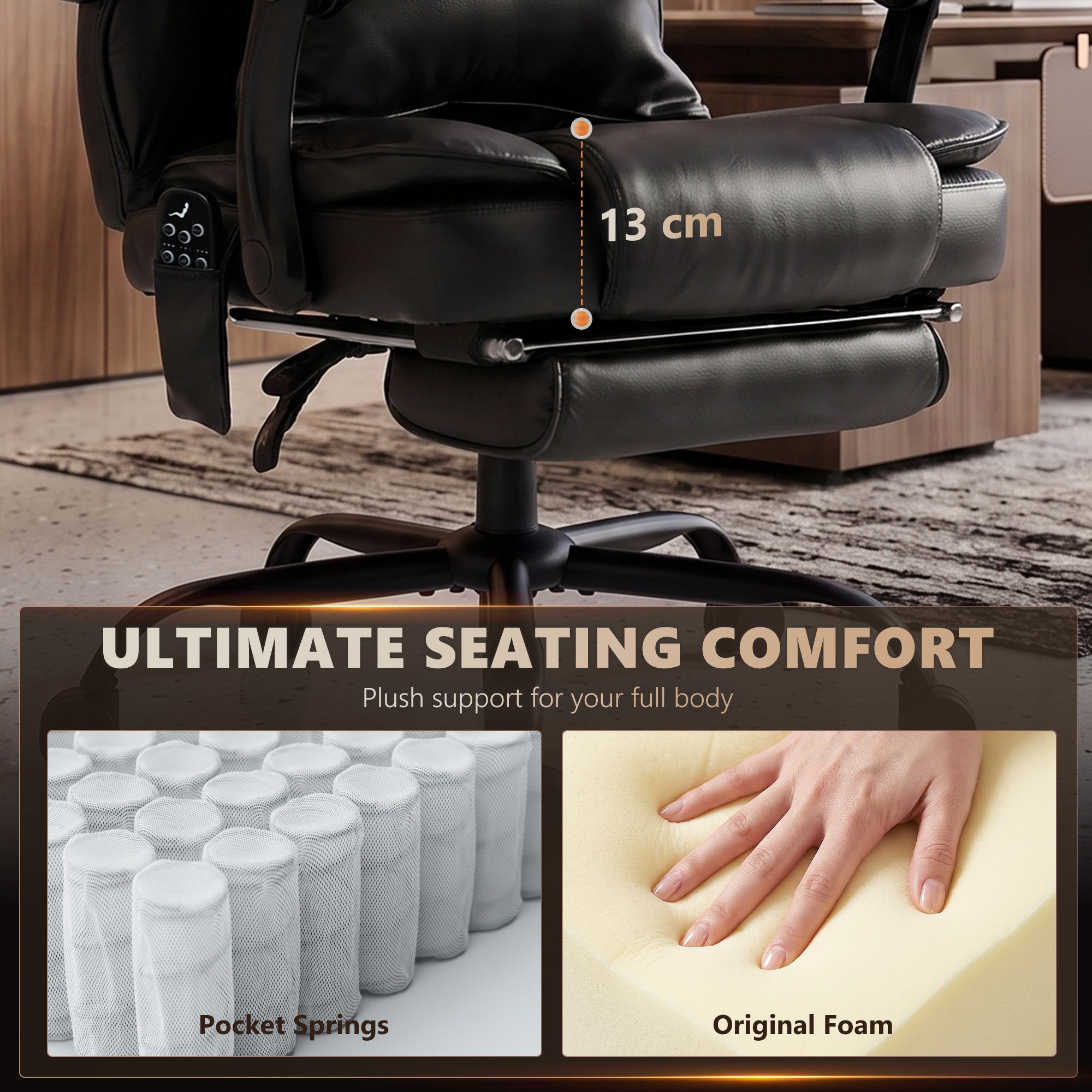 High Back Vibration Massage Office Chair, Heated Reclining PU Leather Computer Chair with Headrest, Black - Image 6