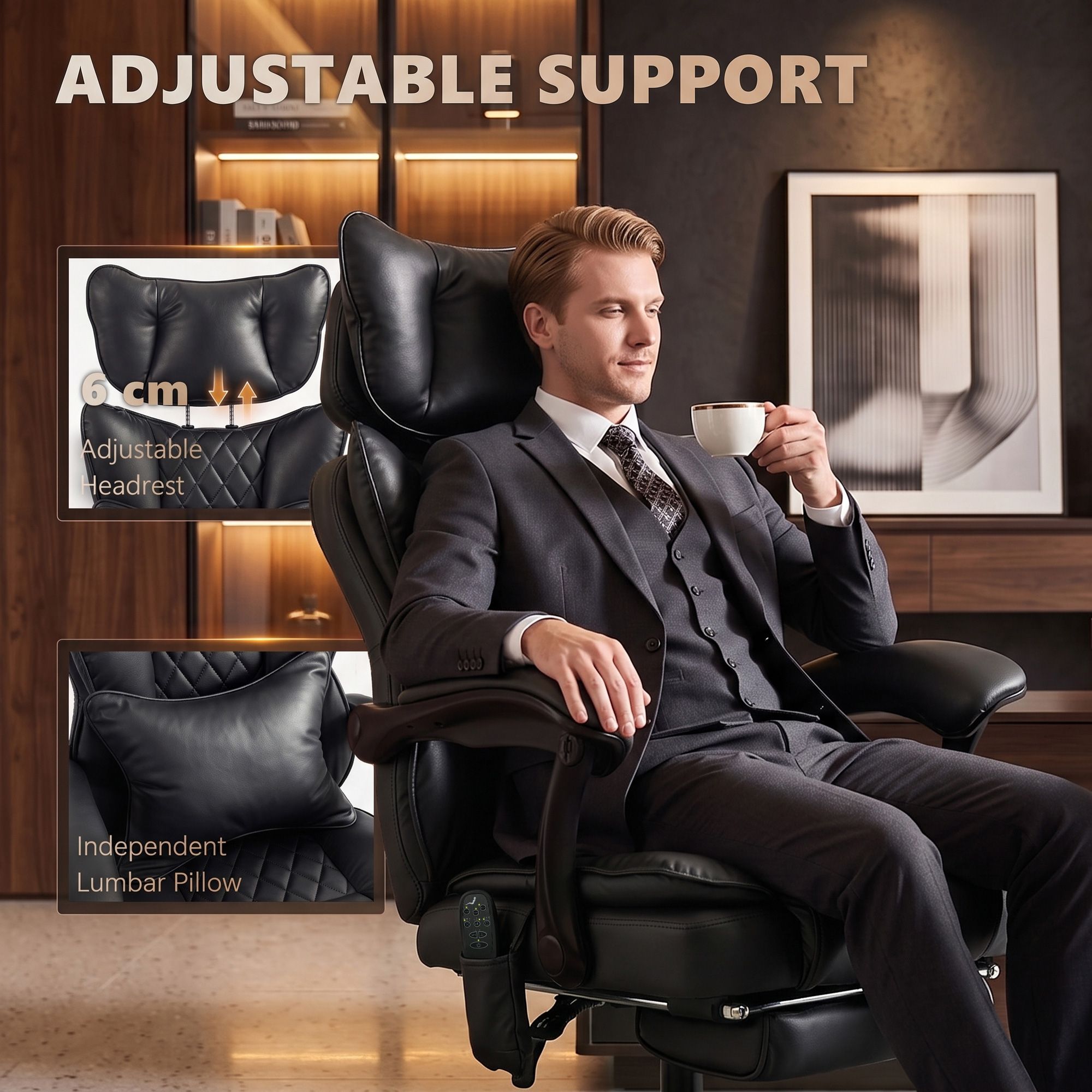 High Back Vibration Massage Office Chair, Heated Reclining PU Leather Computer Chair with Headrest, Black - Image 7