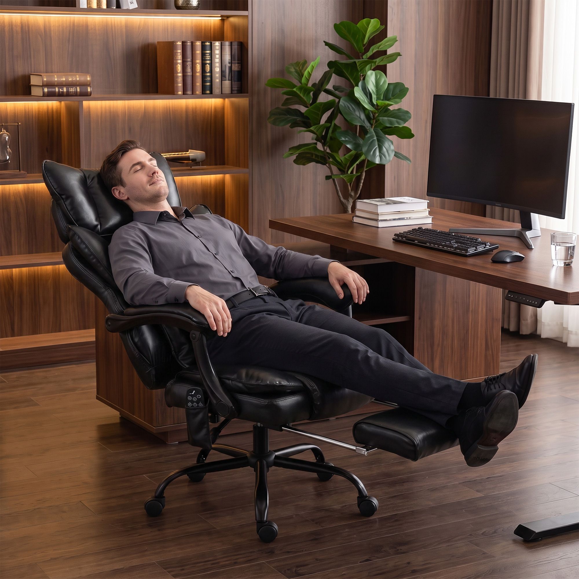 High Back Vibration Massage Office Chair, Heated Reclining PU Leather Computer Chair with Headrest, Black - Image 8