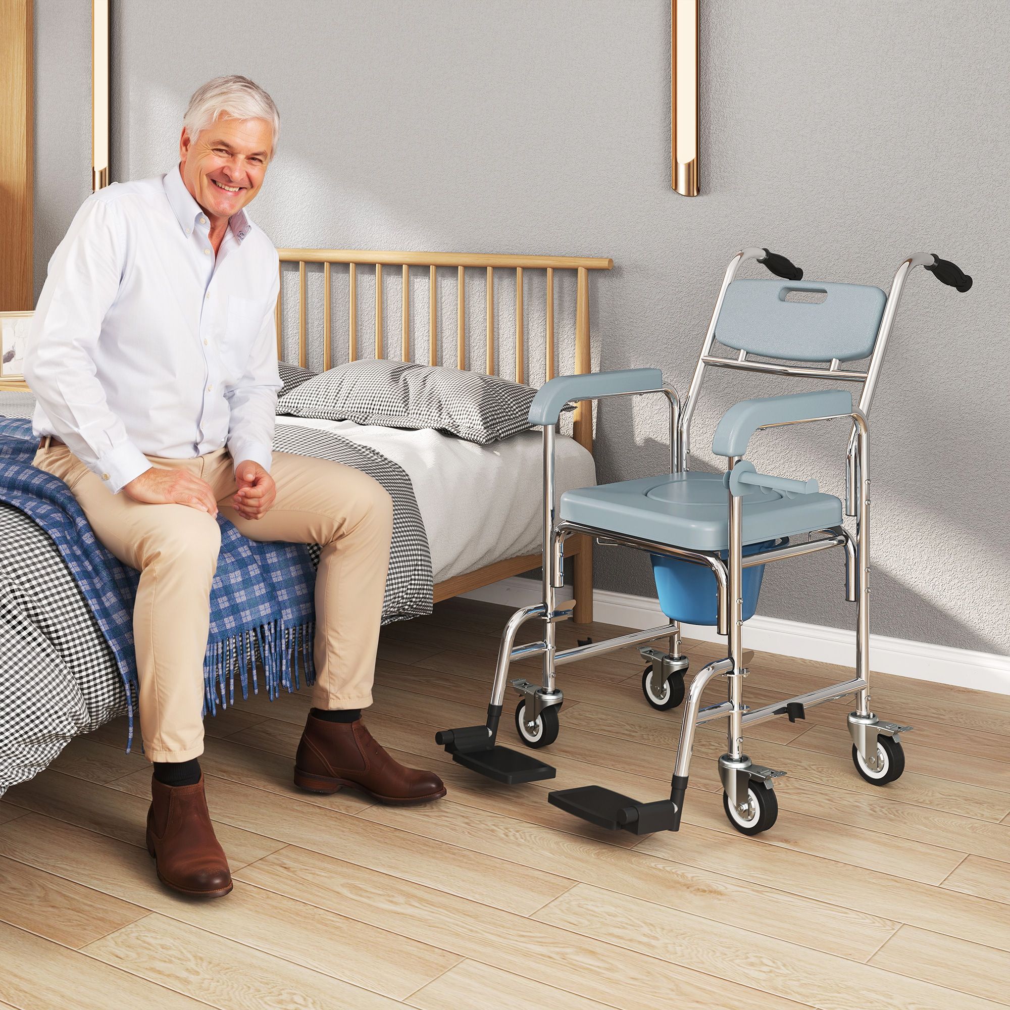 Rolling Shower Wheelchair for Seniors, Bedside Commode Chair with Locking Wheels, Seat, Backrest, Arms, Gray - Image 2