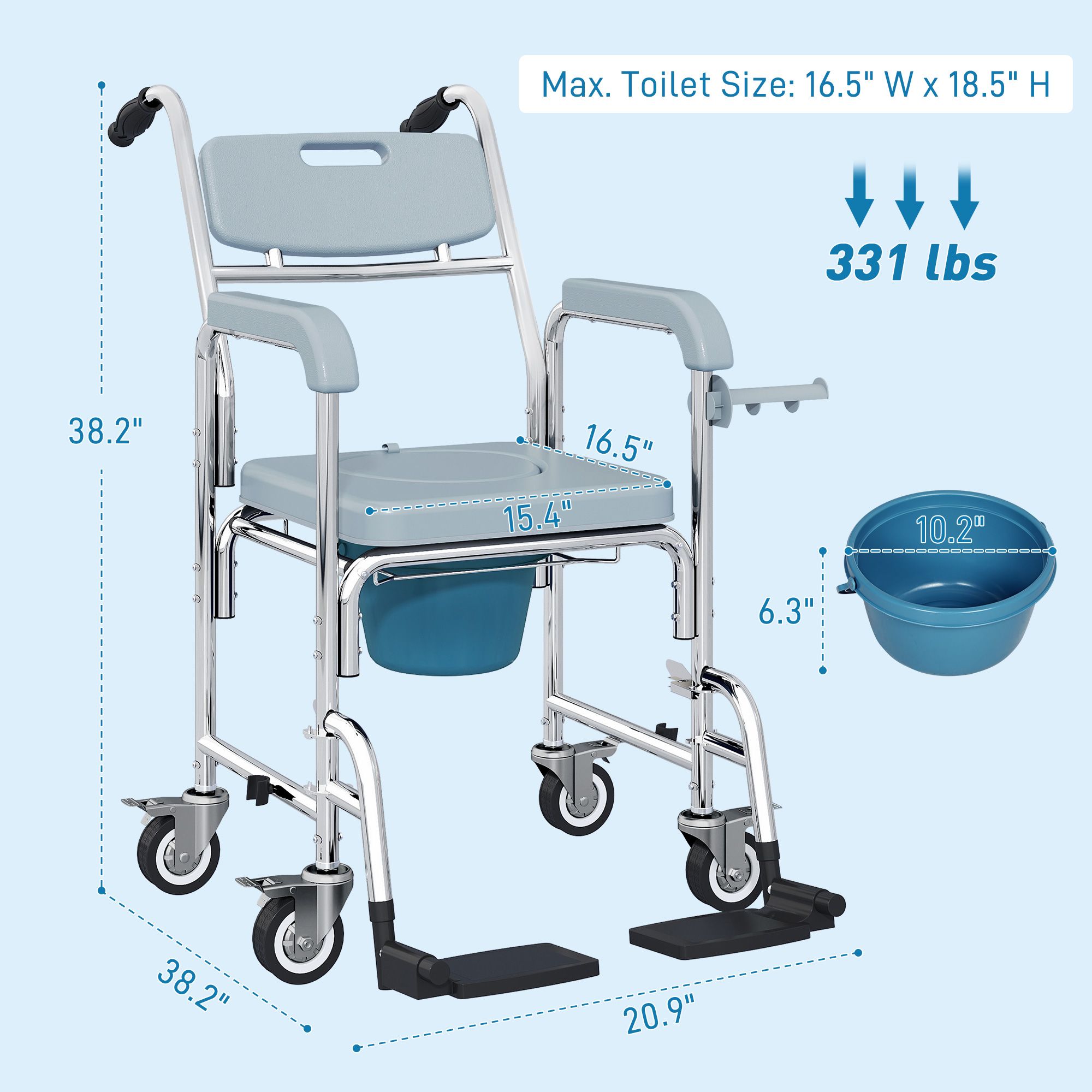 Rolling Shower Wheelchair for Seniors, Bedside Commode Chair with Locking Wheels, Seat, Backrest, Arms, Gray - Image 3