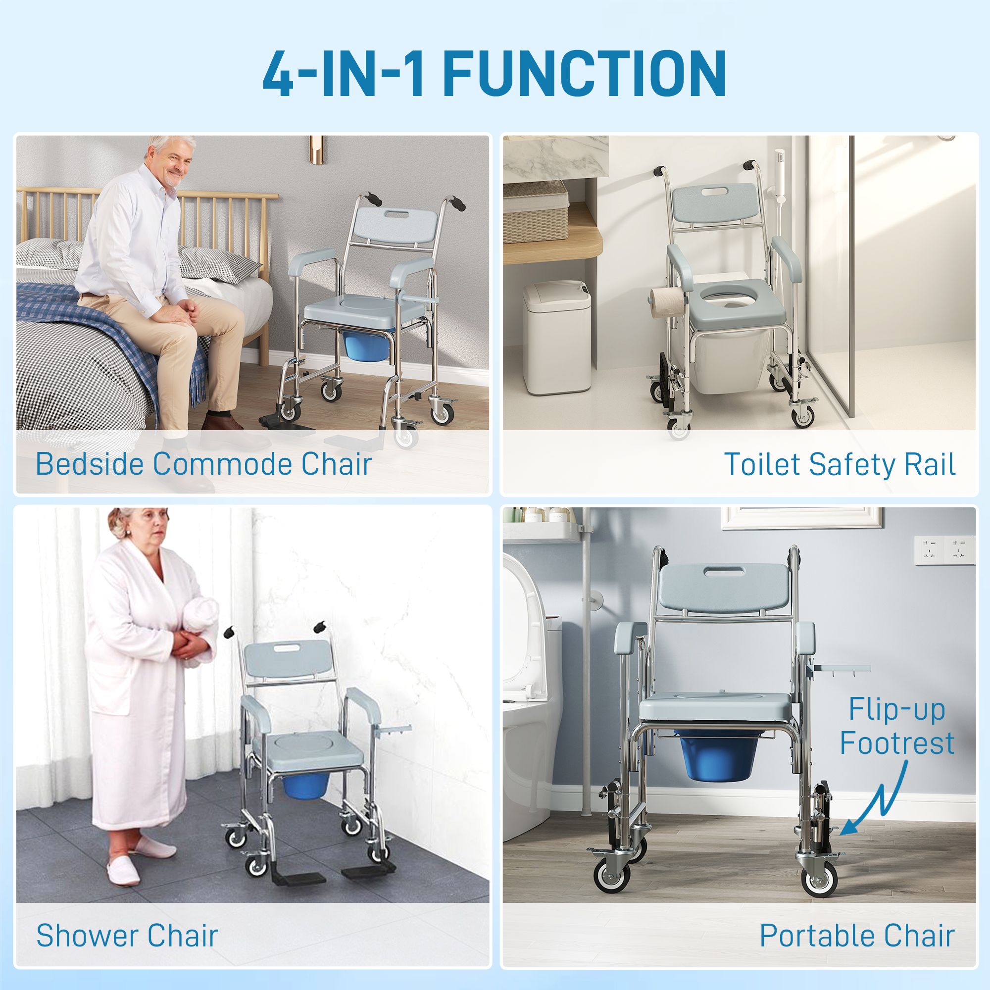 Rolling Shower Wheelchair for Seniors, Bedside Commode Chair with Locking Wheels, Seat, Backrest, Arms, Gray - Image 4
